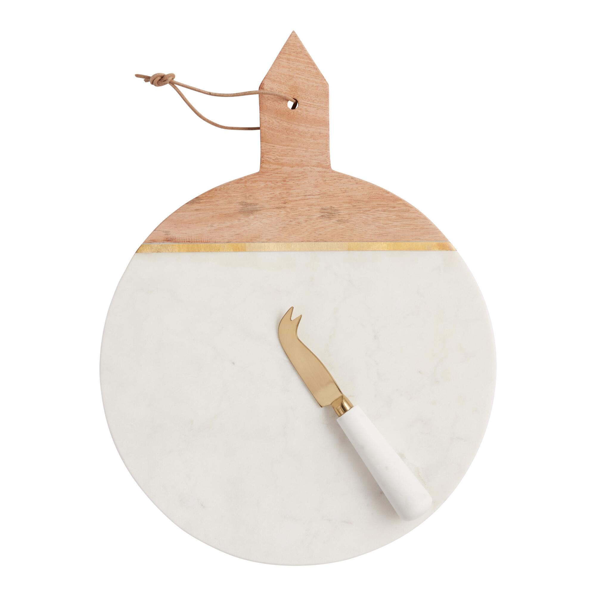 White Marble and Wood Cheese Board and Knife Set by World Market