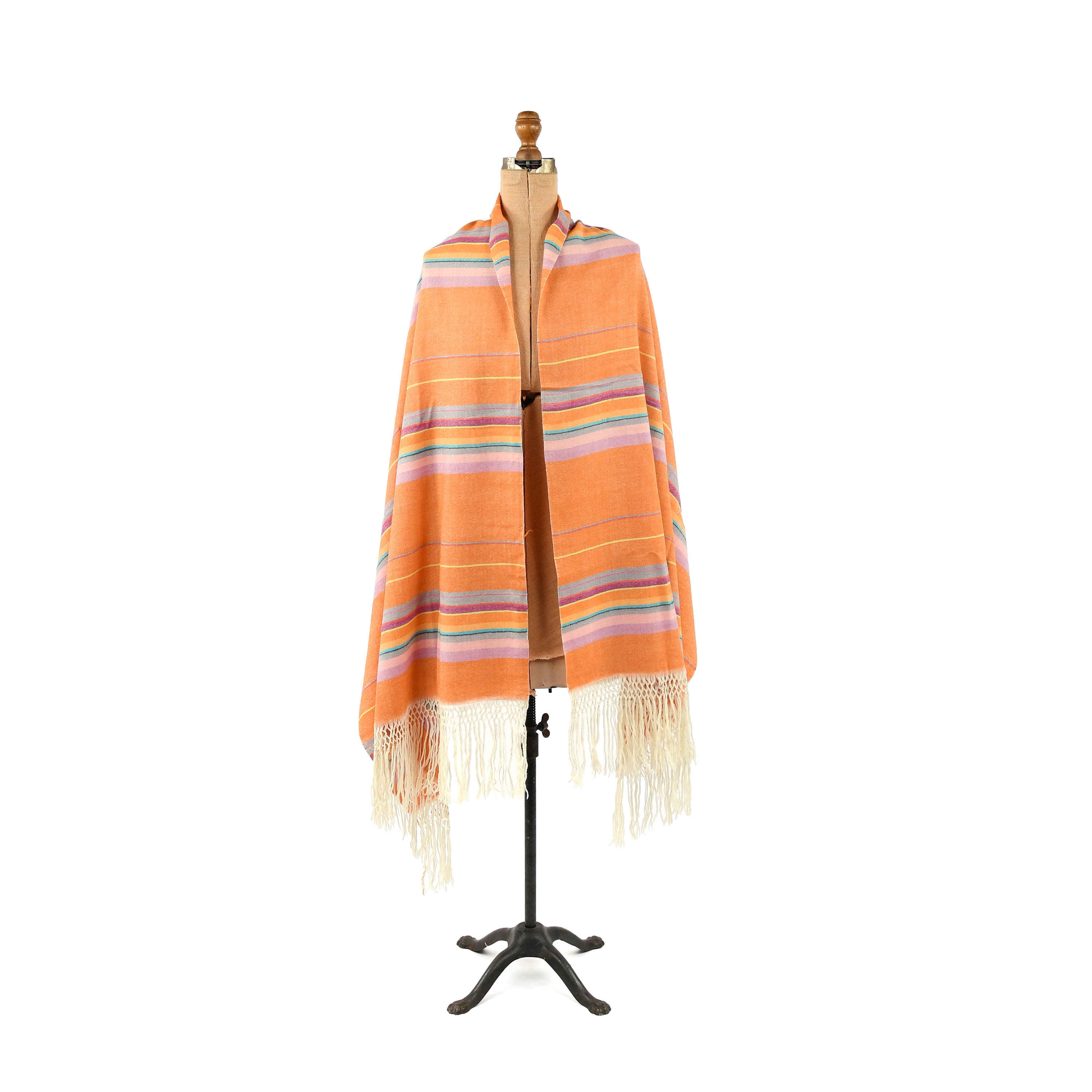 Vintage 60S 70S Orange Stripe Wool Blend Summer Warp Fringe Tassel Shawl