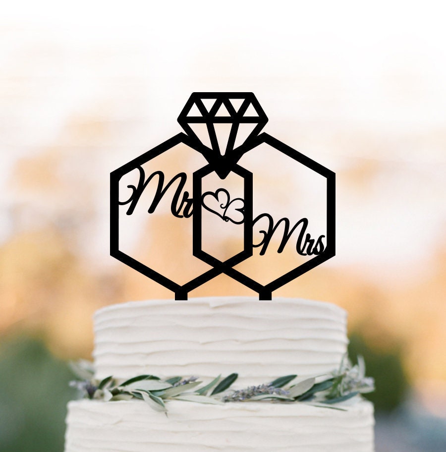 Geometric Wedding Cake Topper With Diamond, Mr & Mrs For Wedding, Modern Topper, Gold Silver Black Wood White