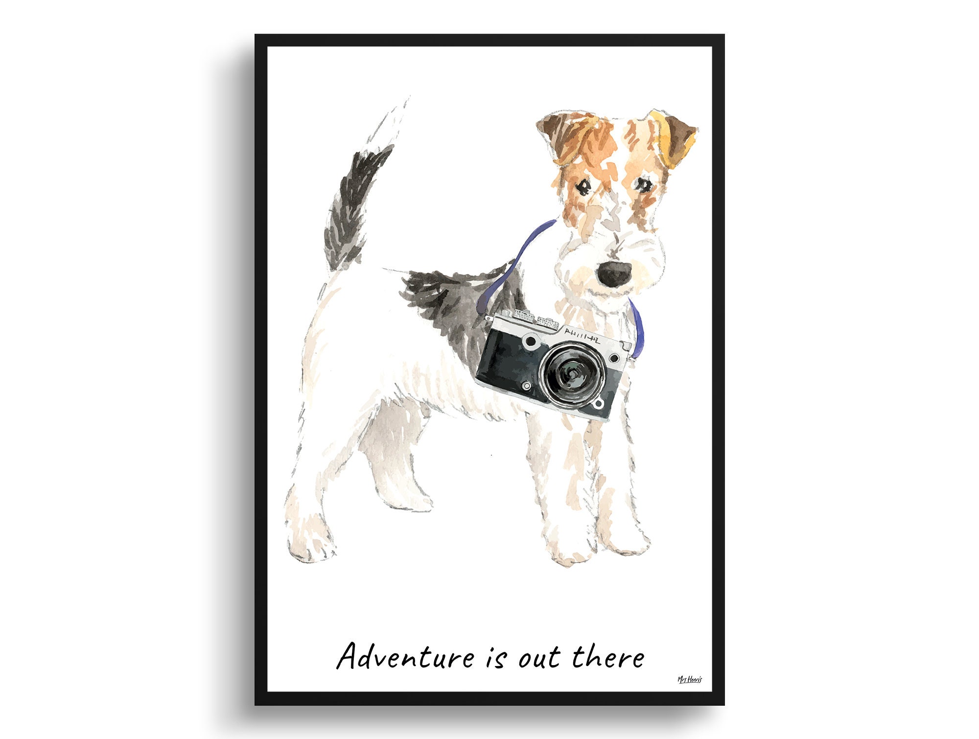 Adventure Is Out There Wire Haired Fox Terrier Dog Print Illustration. Framed & Un-Framed Wall Art Options. Personalised Name