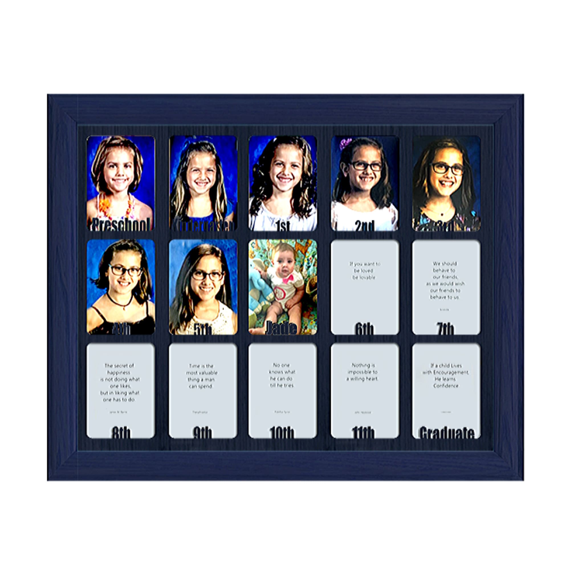 School Years Picture Frame - Personalized With Any Name 10 Color Choices | Shown With Navy Frame Preschool To Graduation 11x14