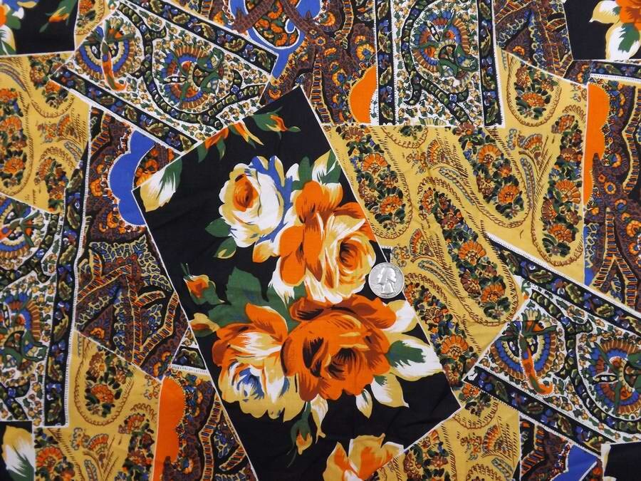 Vintage Fabric Bright Cotton Blend Abstract Print /Orange/ Blue/ Black/ Floral