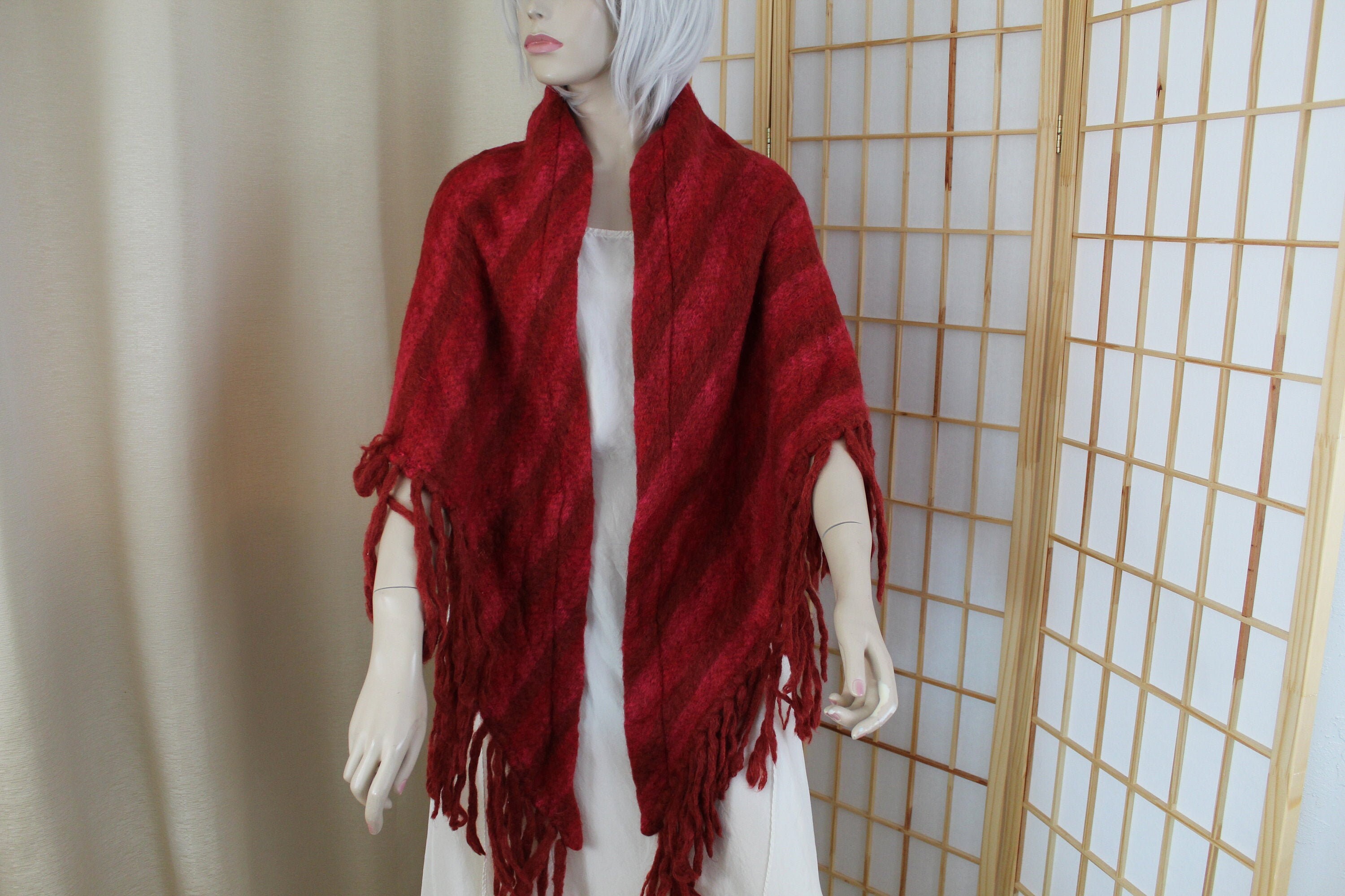 Vintage Mohair Blend Soft Knit Shawl Red & Burgundy 1950's Stripes