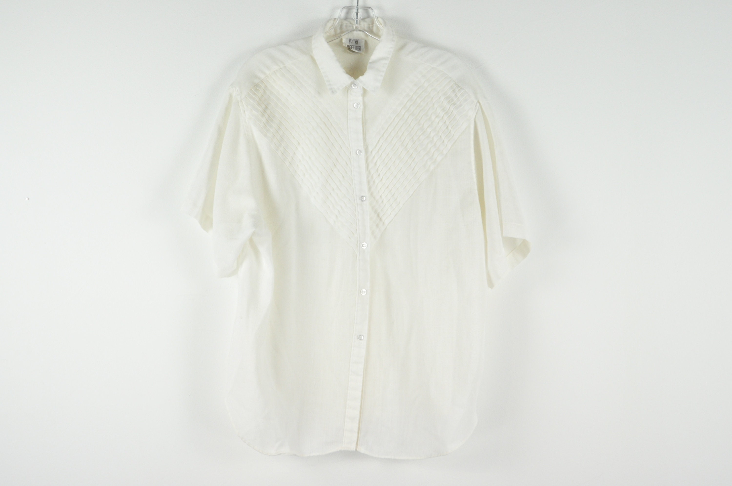 Vintage White Linen Blend Shirt - Xlarge | Lightweight Rayon Short Sleeve Blouse Minimalist Top