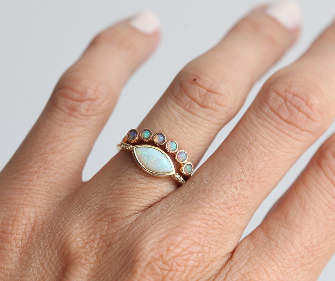 Rose Gold Opal Ring Set, Marquise 14K Australian & Diamond With Matching Curved Band
