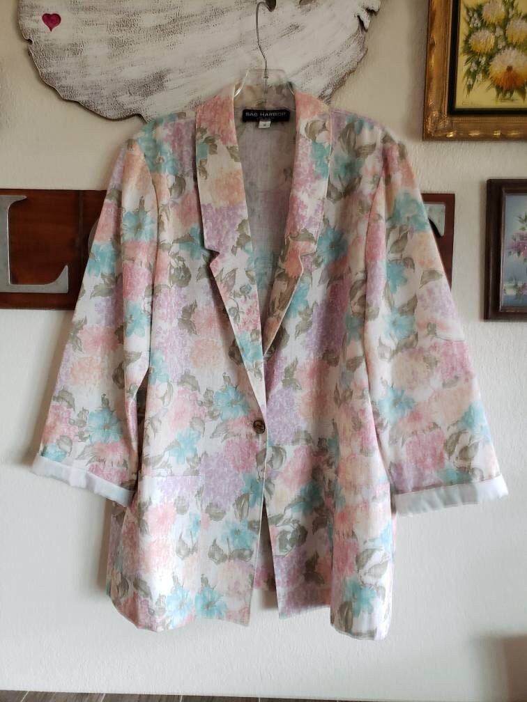 Vintage Linen Blend Floral Boyfriend Style Blazer | Sag Harbor Boxy Cut Summer 10