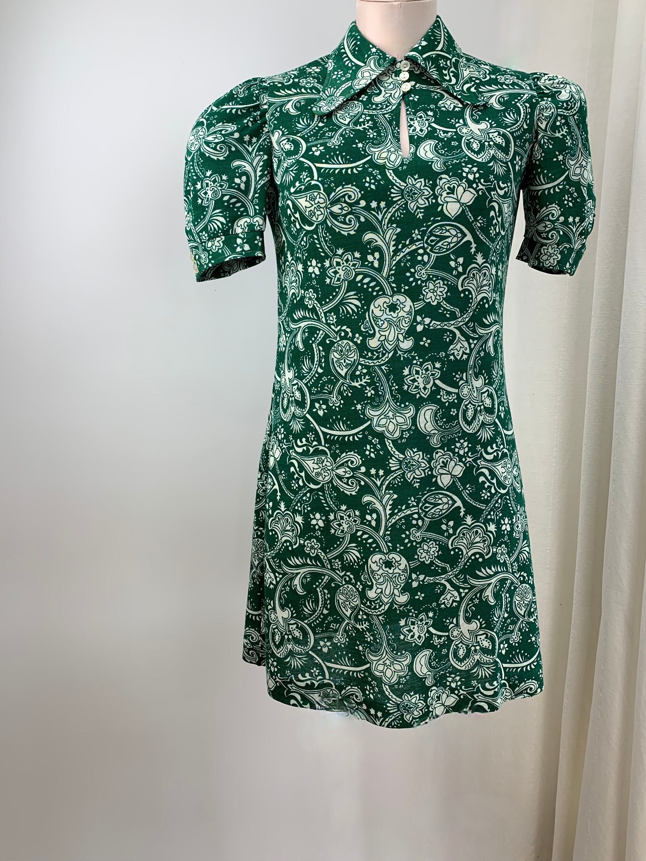1960's Mini Shirt Dress - Cotton Blended Jersey Knit Green Paisley Puffy Sleeves Made in Finland Nos/Dead-stock Size Medium