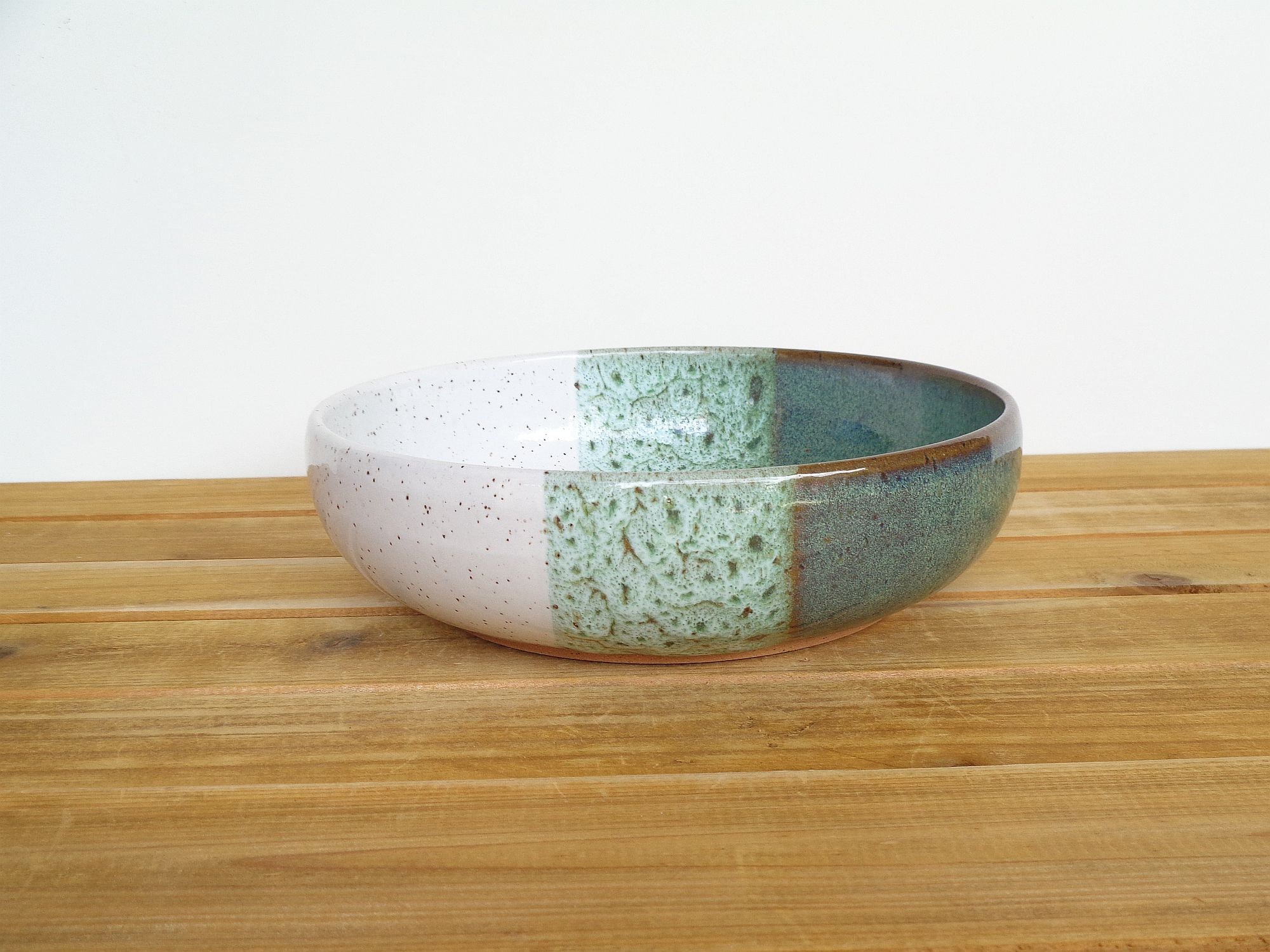 Single Ceramic Stoneware Pasta Bowl in Sea Mist & White Glazes, Rustic Kitchen, Ramen Pho Pottery