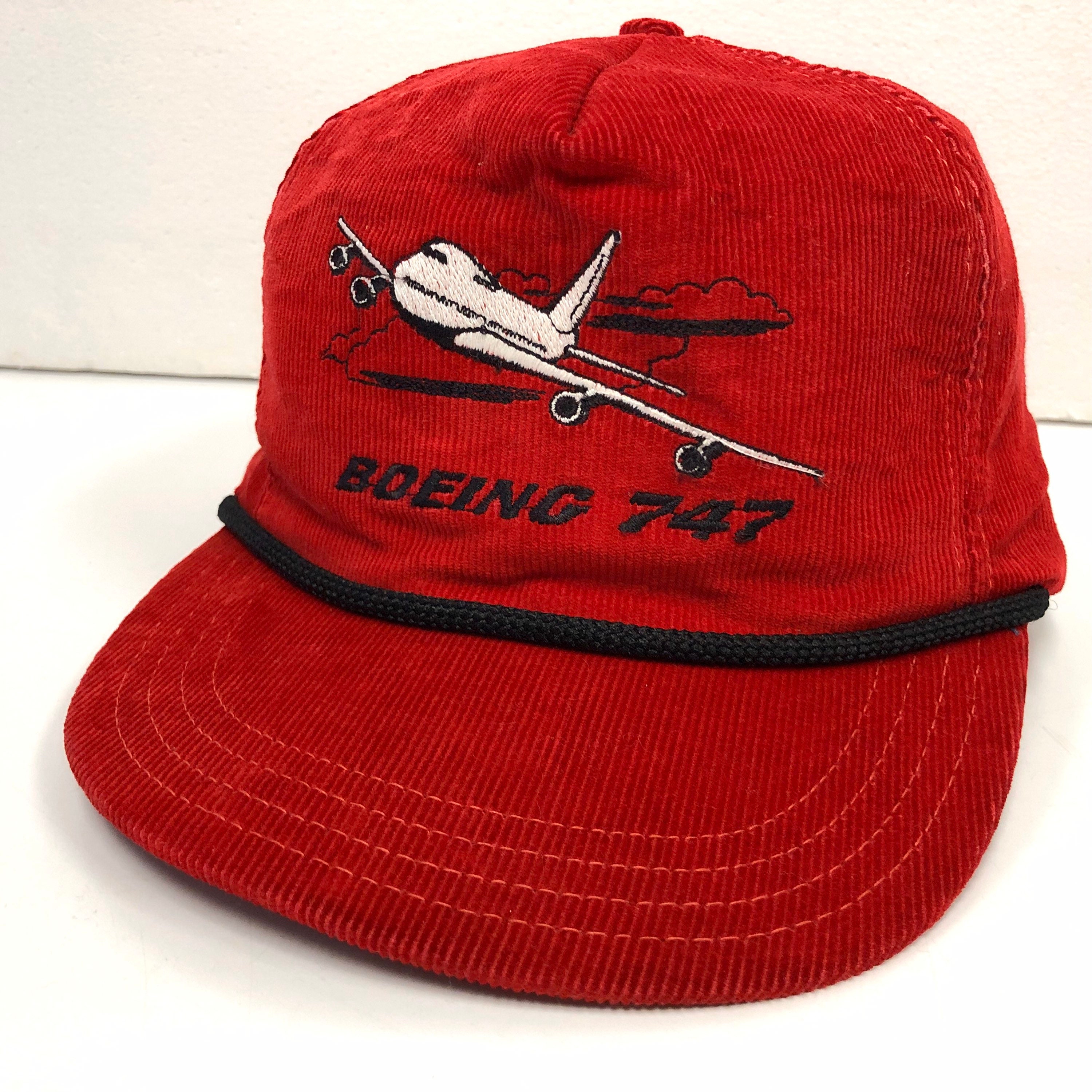 Nos Vintage 70-80's Ram Action Men Red Corduroy Trucker Hat Boeing 747 Air Plane Snapback Cord Cap Usa Made
