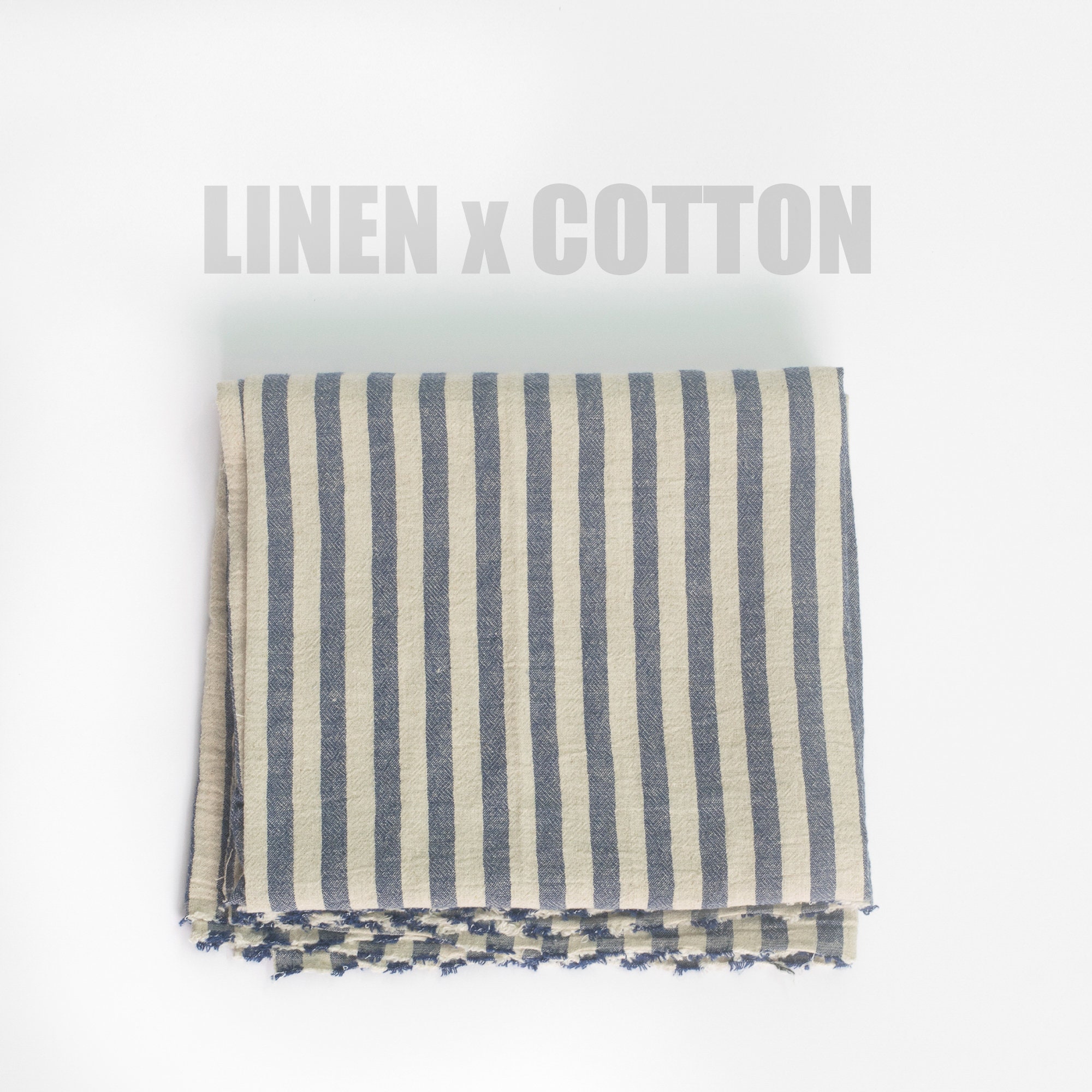 Lanna Linen Striped Blend - Natural Soft & Cotton Fabric, Cream Indigo Blue Navy Light Yardage Boho Woven Thai Textile