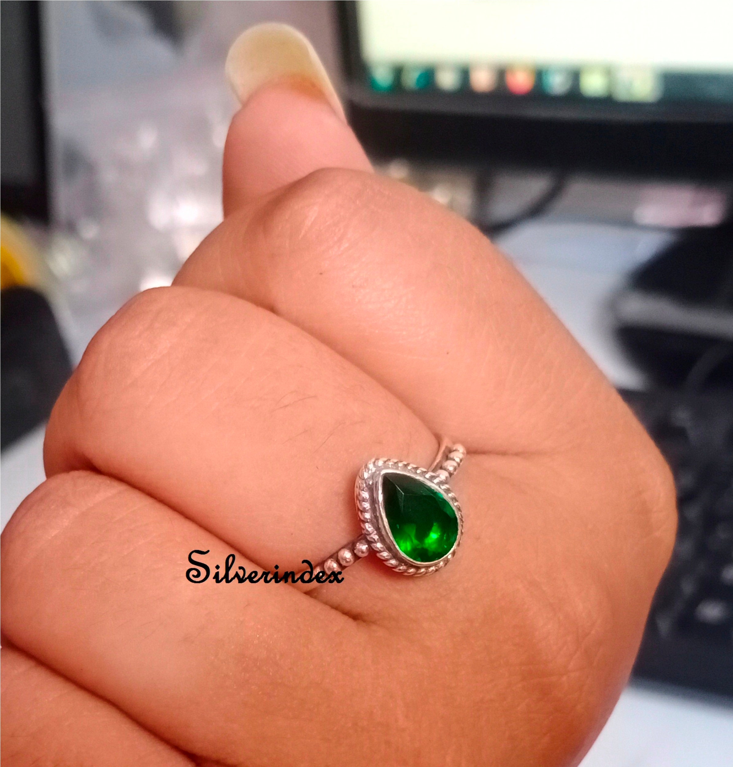 Natural Emerald Ring, 925 Silver Sterling Minimal Birthstone Pear Stone Shape Gift Handmade Women Ring