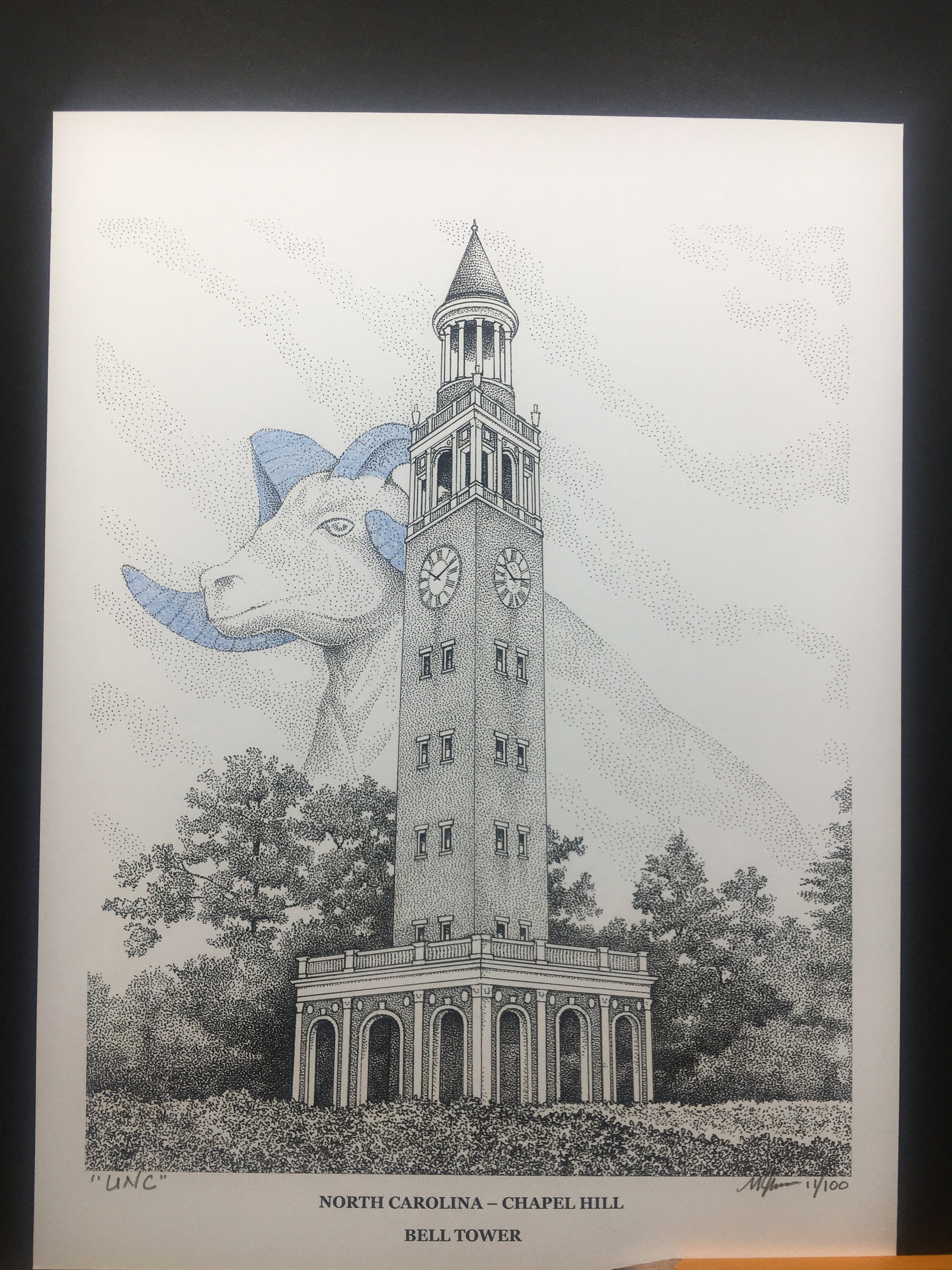 North Carolina Chapel Hill Bell Tower 9x12 Hand-Drawn Pen & Ink Print"