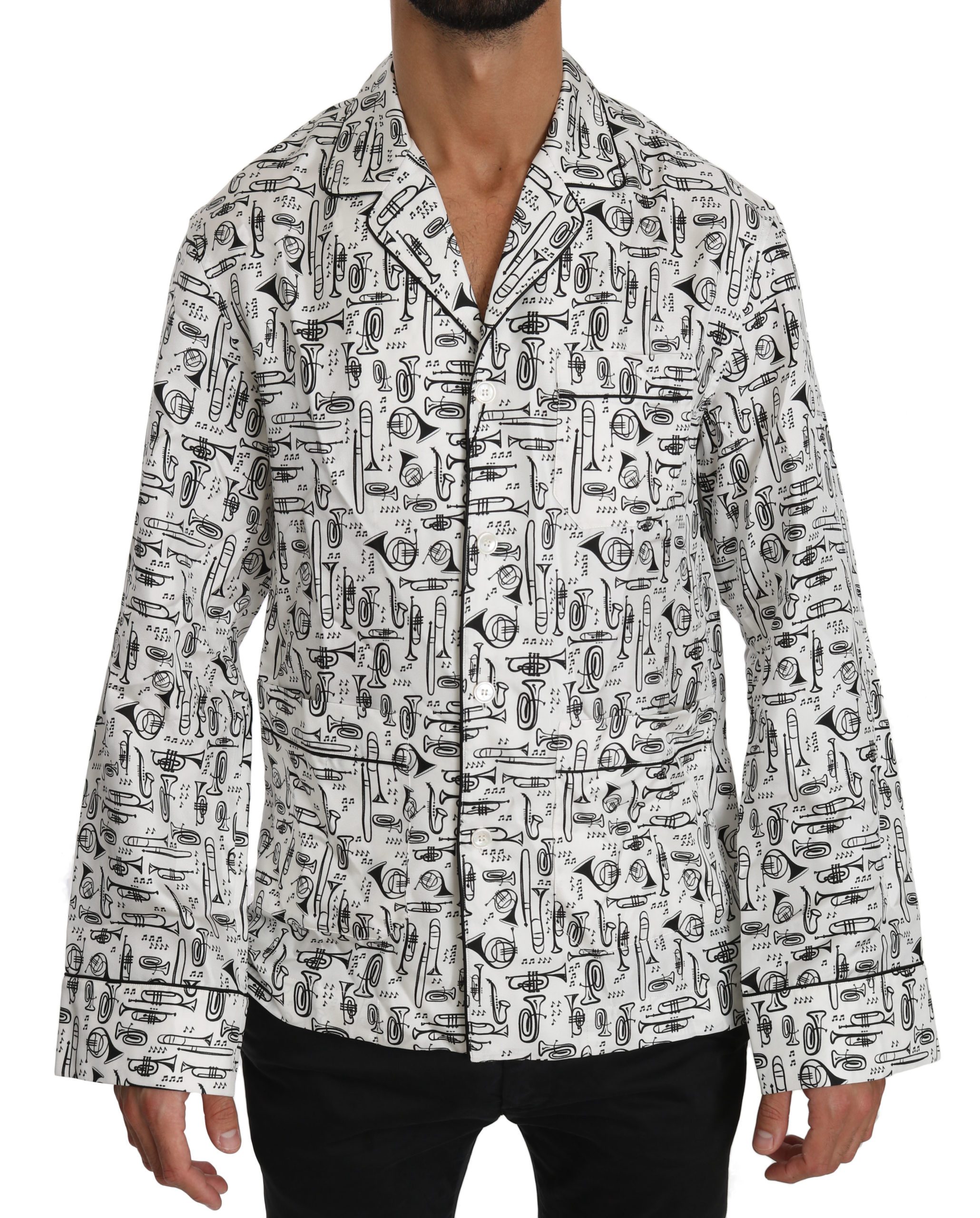 Dolce & Gabbana Men's Musical Instrument Silk Shirt White TSH4008 - IT37 | XS