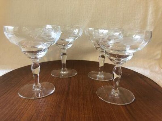 4 Vintage Etched CRYSTAL Wine - Cocktail Glasses, Set of 4