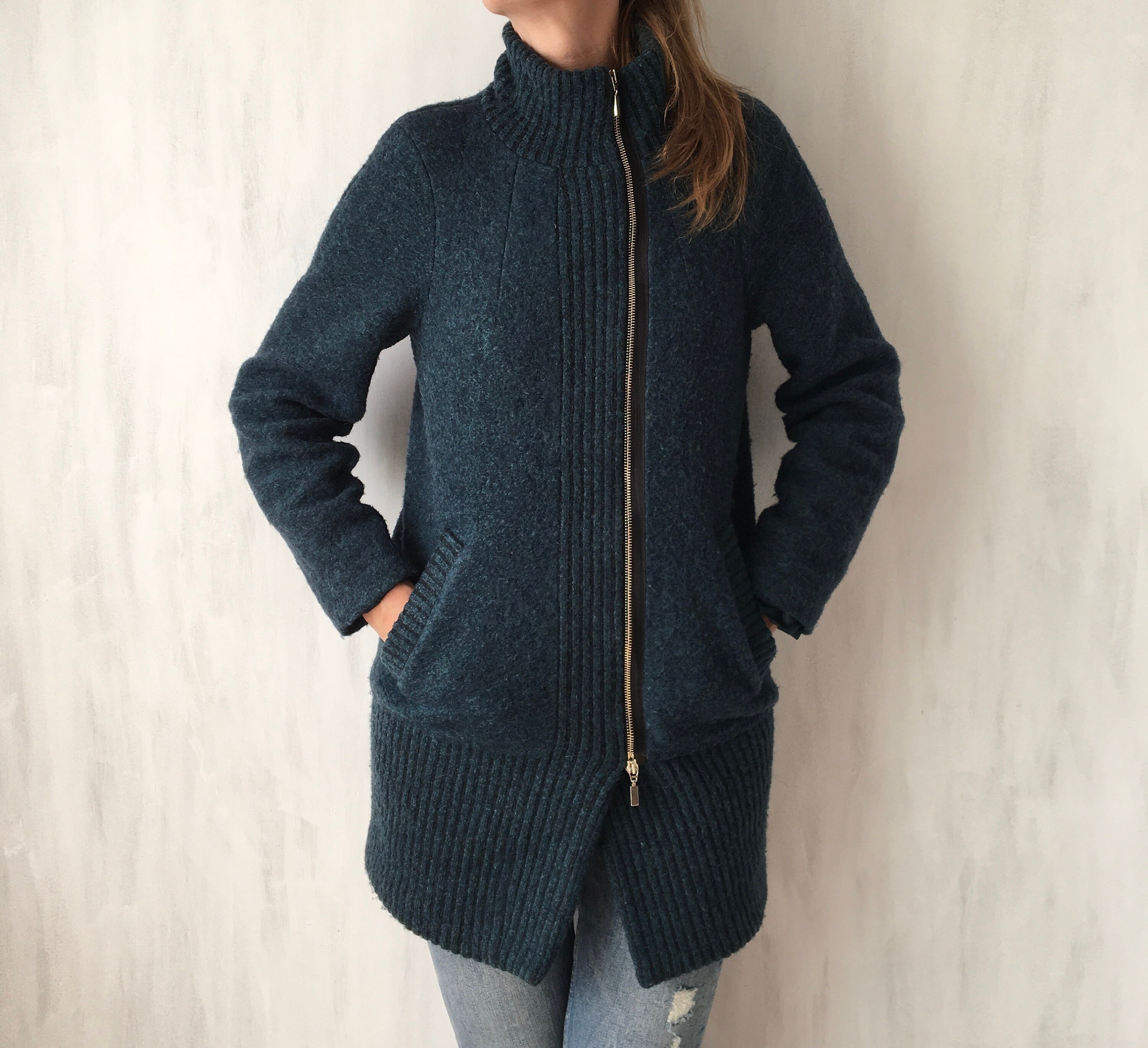 Vintage Wool Blend Coat, High Neck Cardigan For Women, Warm Winter Long Sweater With Zipper. M Size