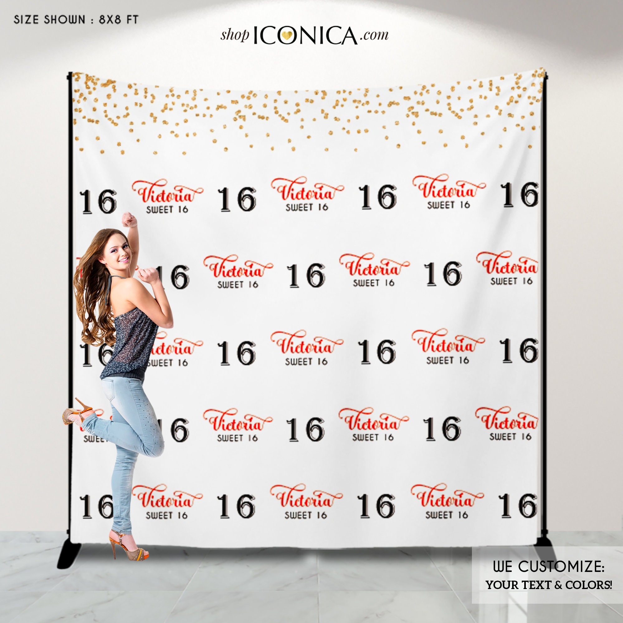 Sweet Sixteen Party Backdrop, 16 Photo Booth Any Age, Step & Repeat Backdrop Personalized, Color