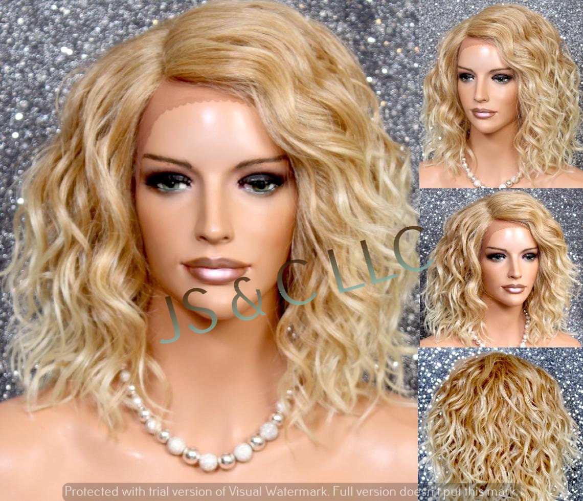 Blonde Ombre Mix Human Hair Blend Wig Lace Front L Shape Part Mono Handtied Short Curly Cancer Alopecia Theather Cosplay Drag