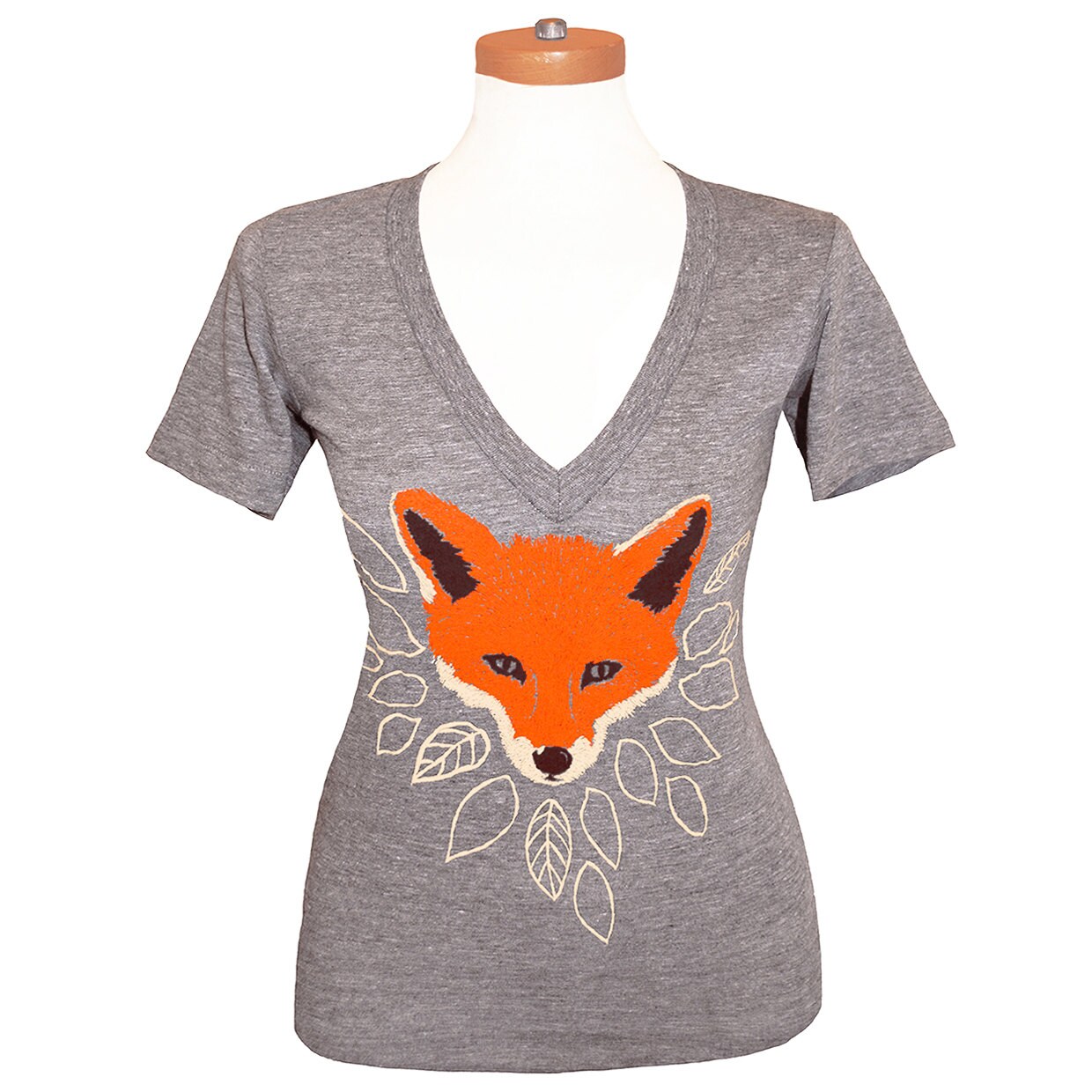 Fox V-Neck T-Shirt - Unisex Tri Blend Gray Vneck Cute Forest Wolf Leaves Woodland Orange Folk Folkloric Athletic Grey Tshirt