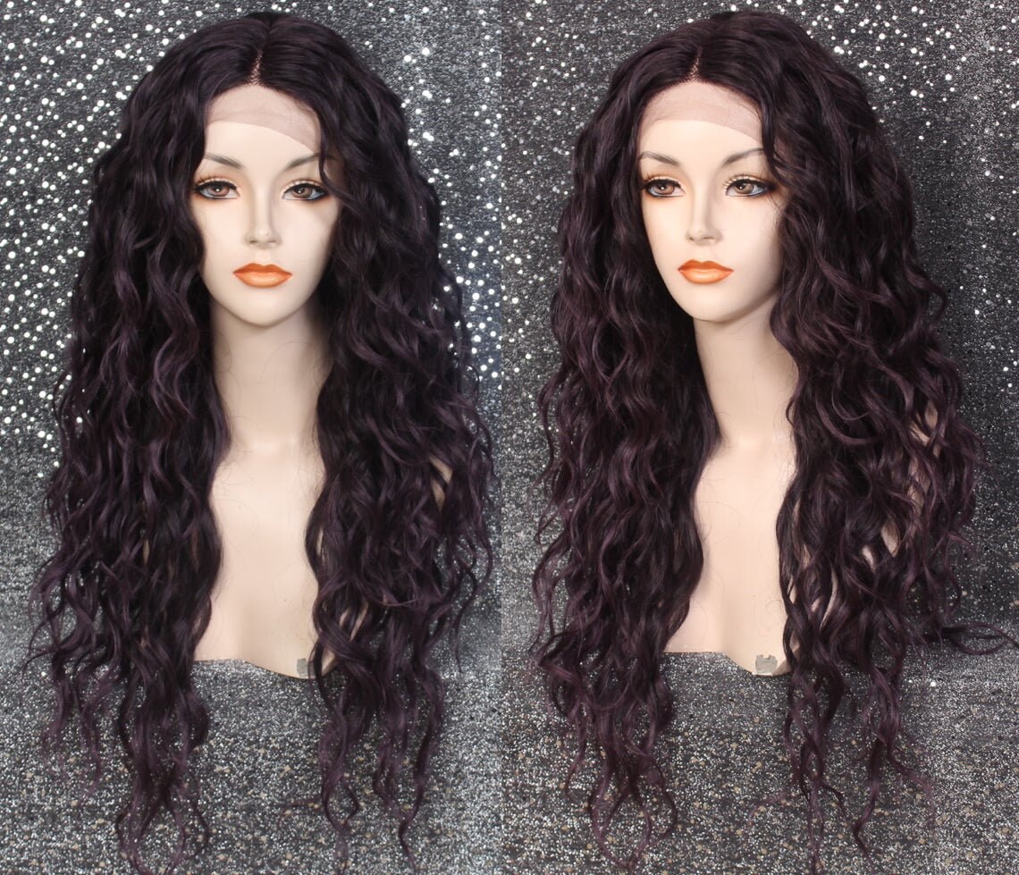 Ash Dusty Purple Human Hair Blend Lace Front Full Wig Wavy/Curly Layered Center Part Long Heat Ok Stunning Cancer Theater Cosplay Alopecia