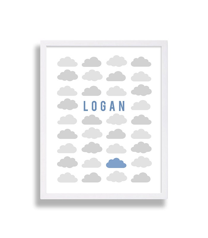 Blue & Grey Nursery Decor White Clouds Print Baby Name Modern Art Shower Newborn Gift Customize Personalize