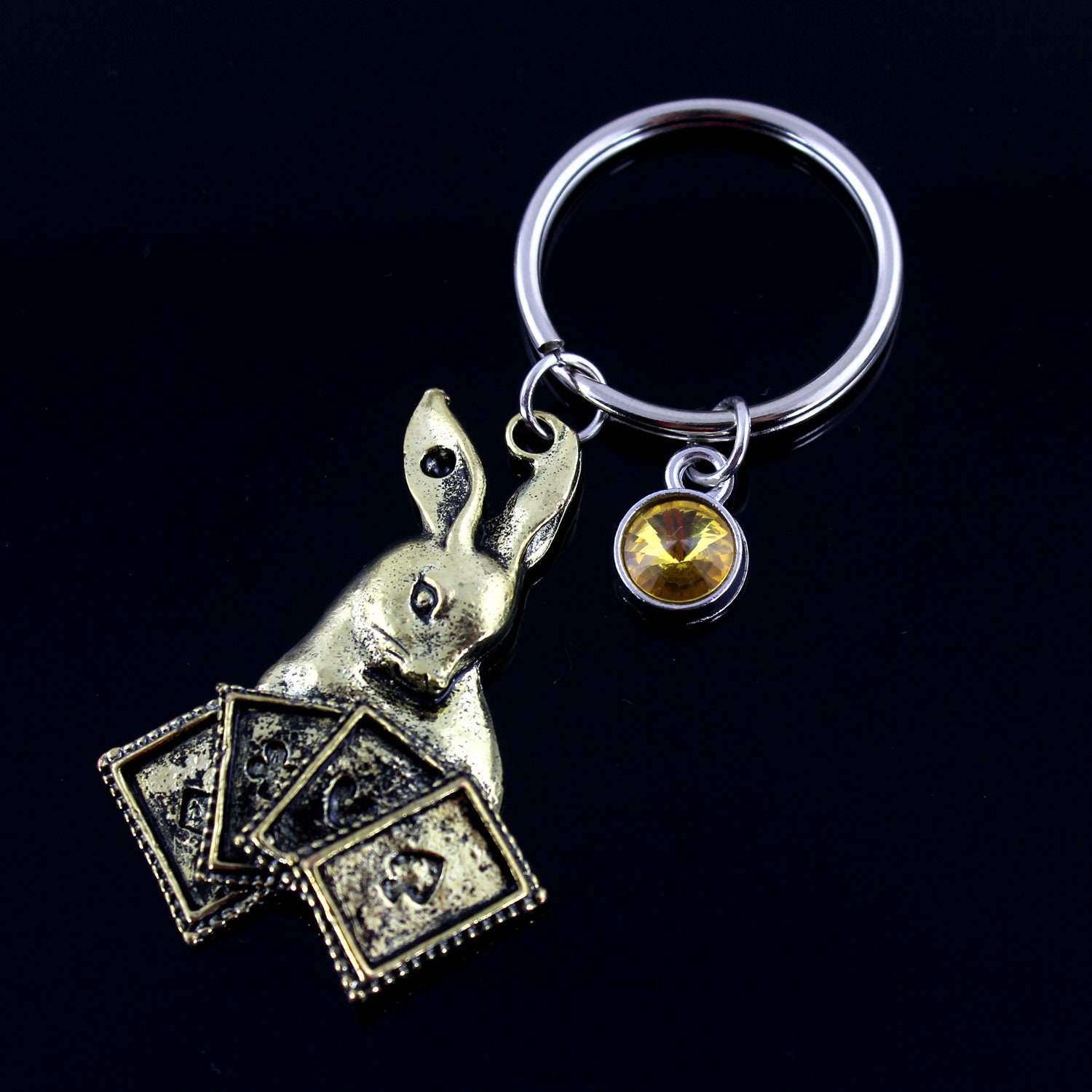 Rabbit Keychain, Rabbit & Playing Cards Keychain, Animal Jewelry, Farm Keychain, Personalized Birthstone Keychain
