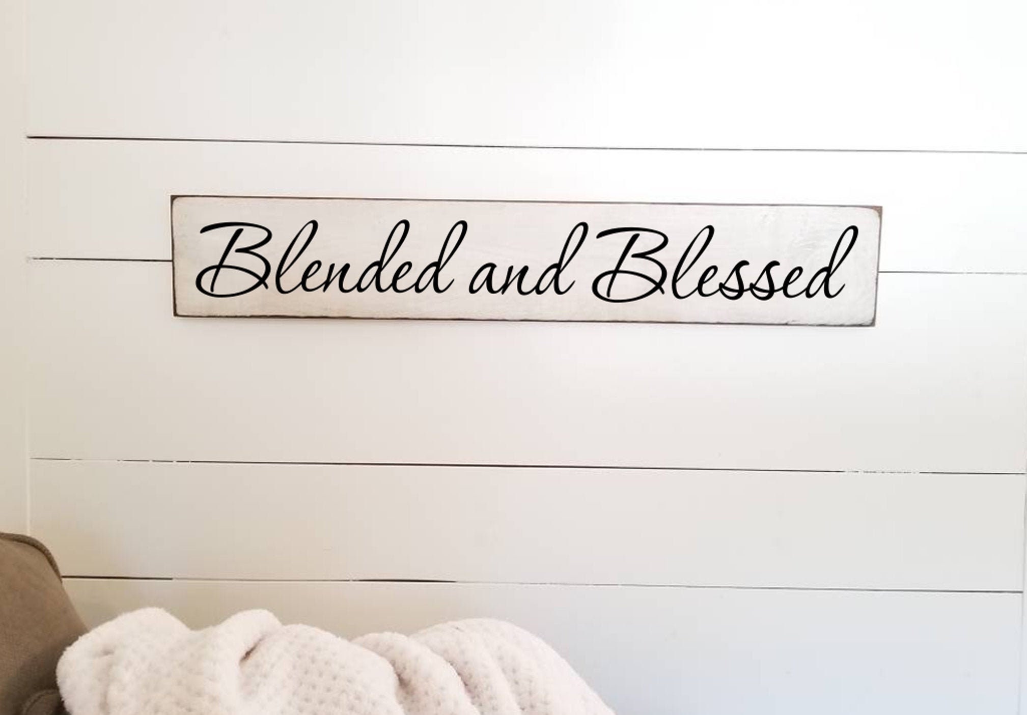 Blended & Blessed Wooden Sign - Farmhouse Dcor White Fixer Upper -Home Rustic Primitive Wood Family Large