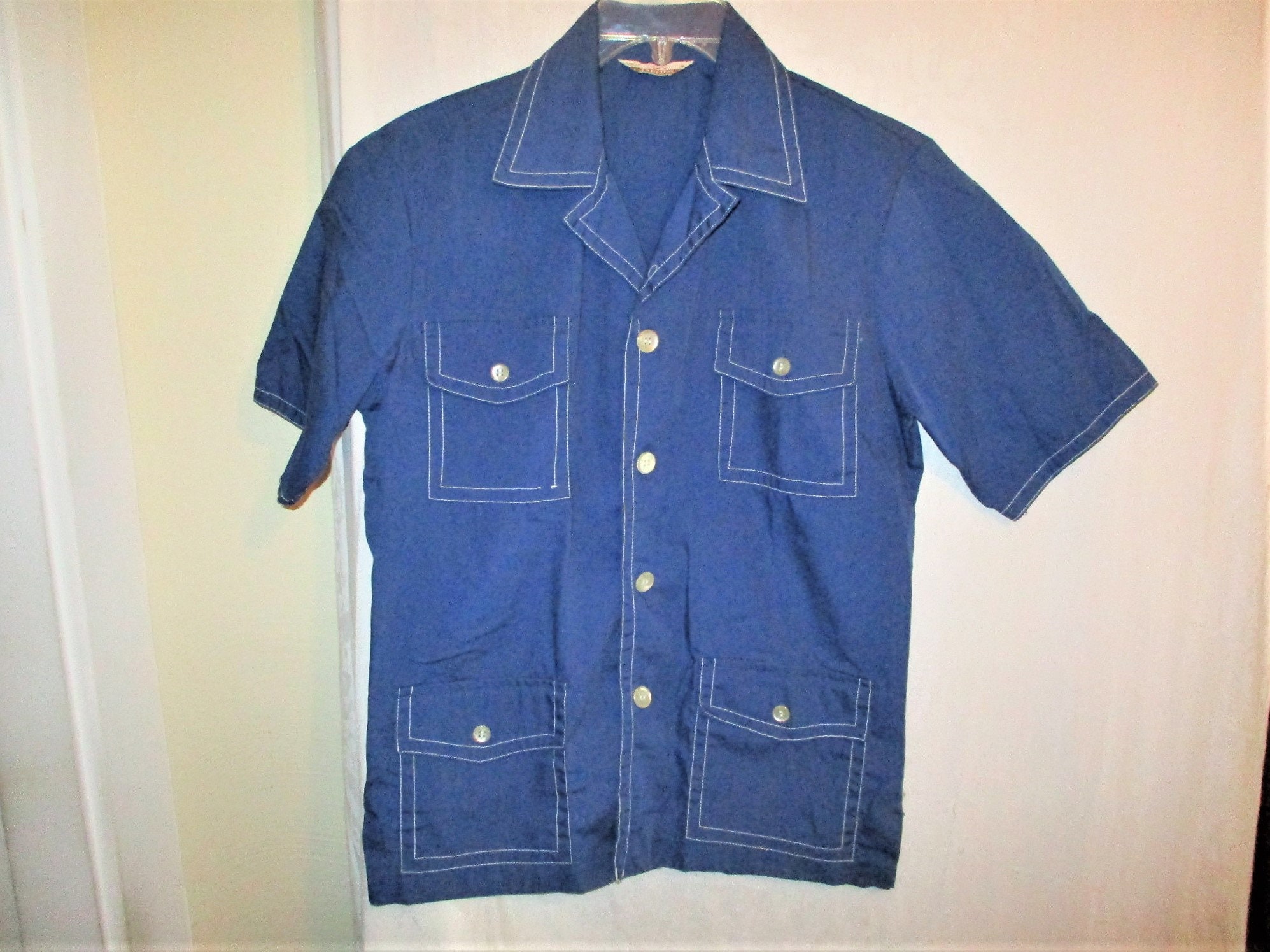 Vintage 70S Blue Poly Blend Mens Leisure Shirt Jacket Jantzen M