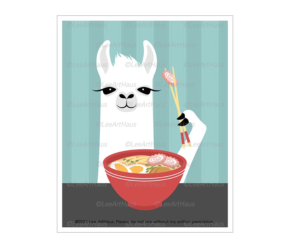 62J Foodie Art - Llama Eating Ramen Wall Kitchen Home Decor For Kids Noodles Print Bowl Drawing