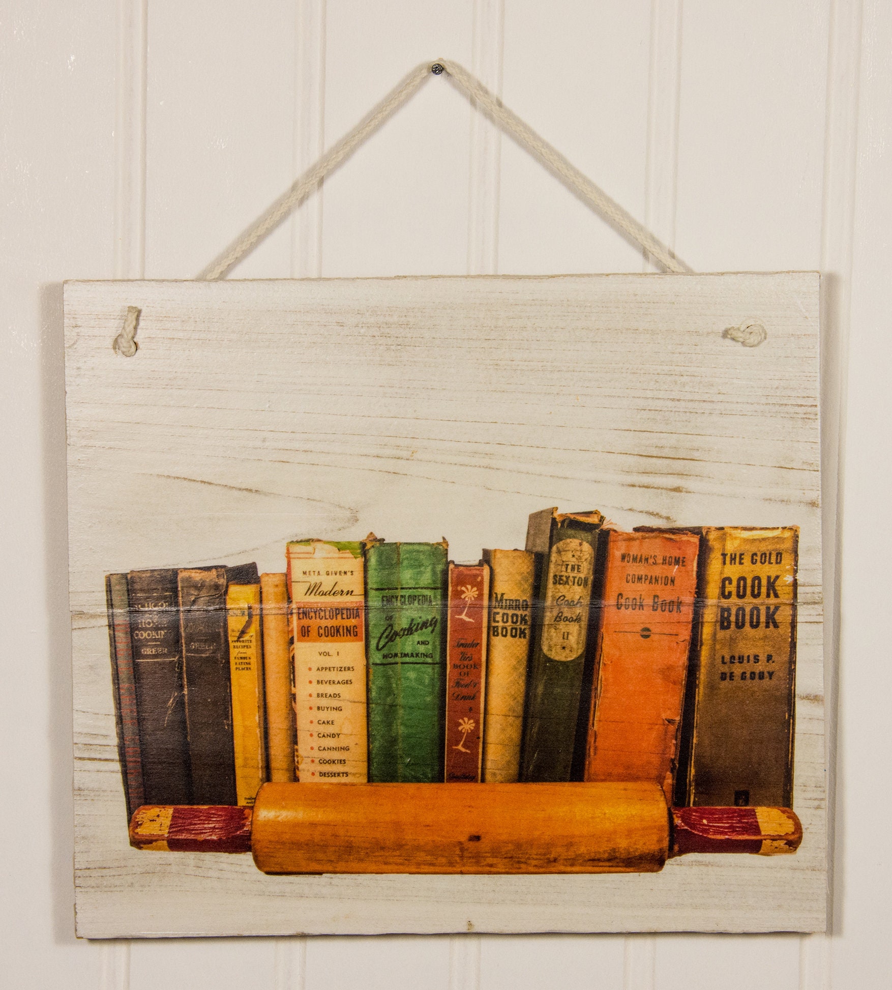 Old Cookbooks & Rolling Pin Photo Transferred Onto Decorative Reclaimed Wood 8.5 X 7.25 Hanging Wall Art - 4022