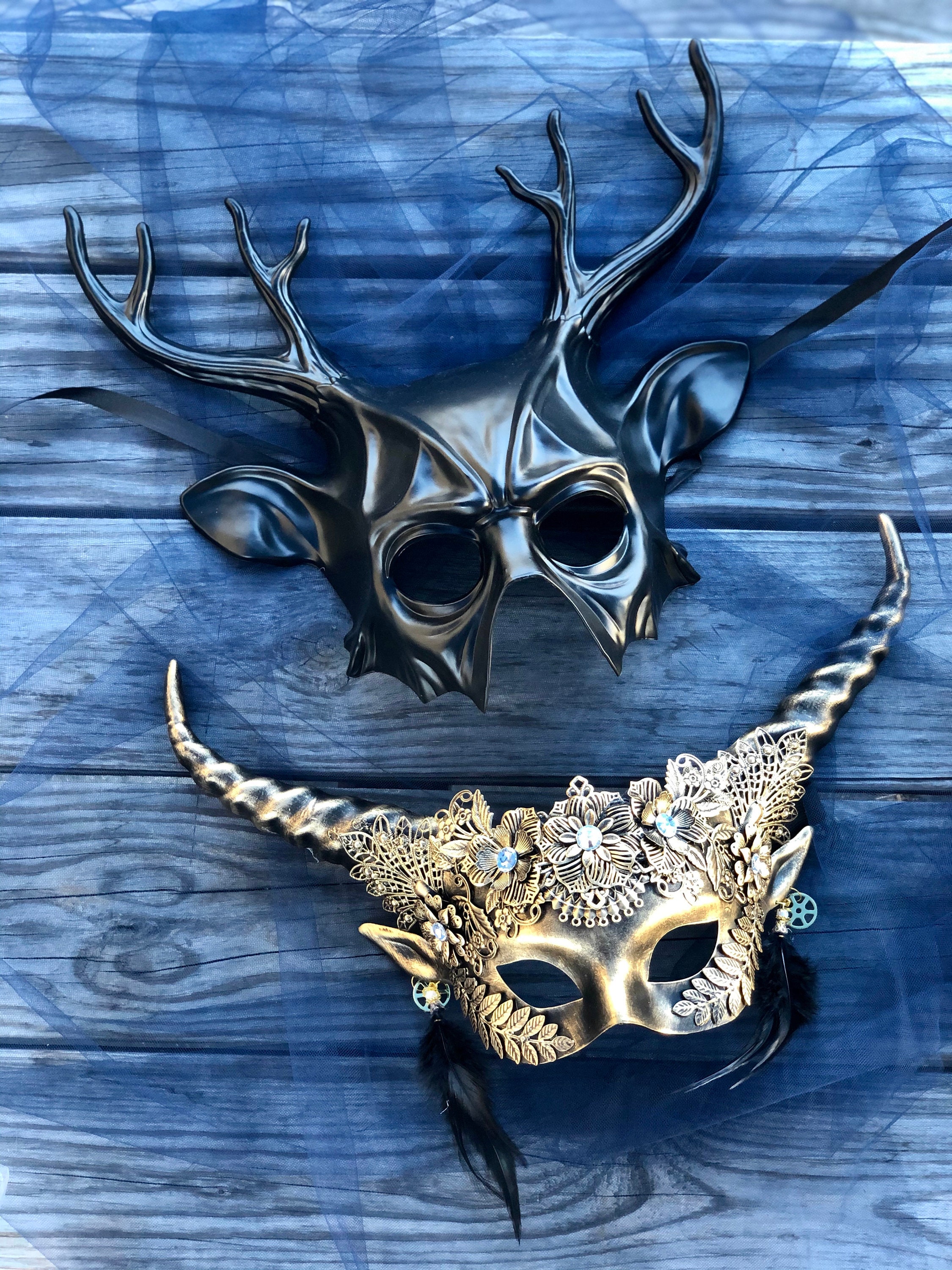 Black Gold Masquerade Mask, Halloween Deer Labyrinth, Ram Masks, Whimsical Mask