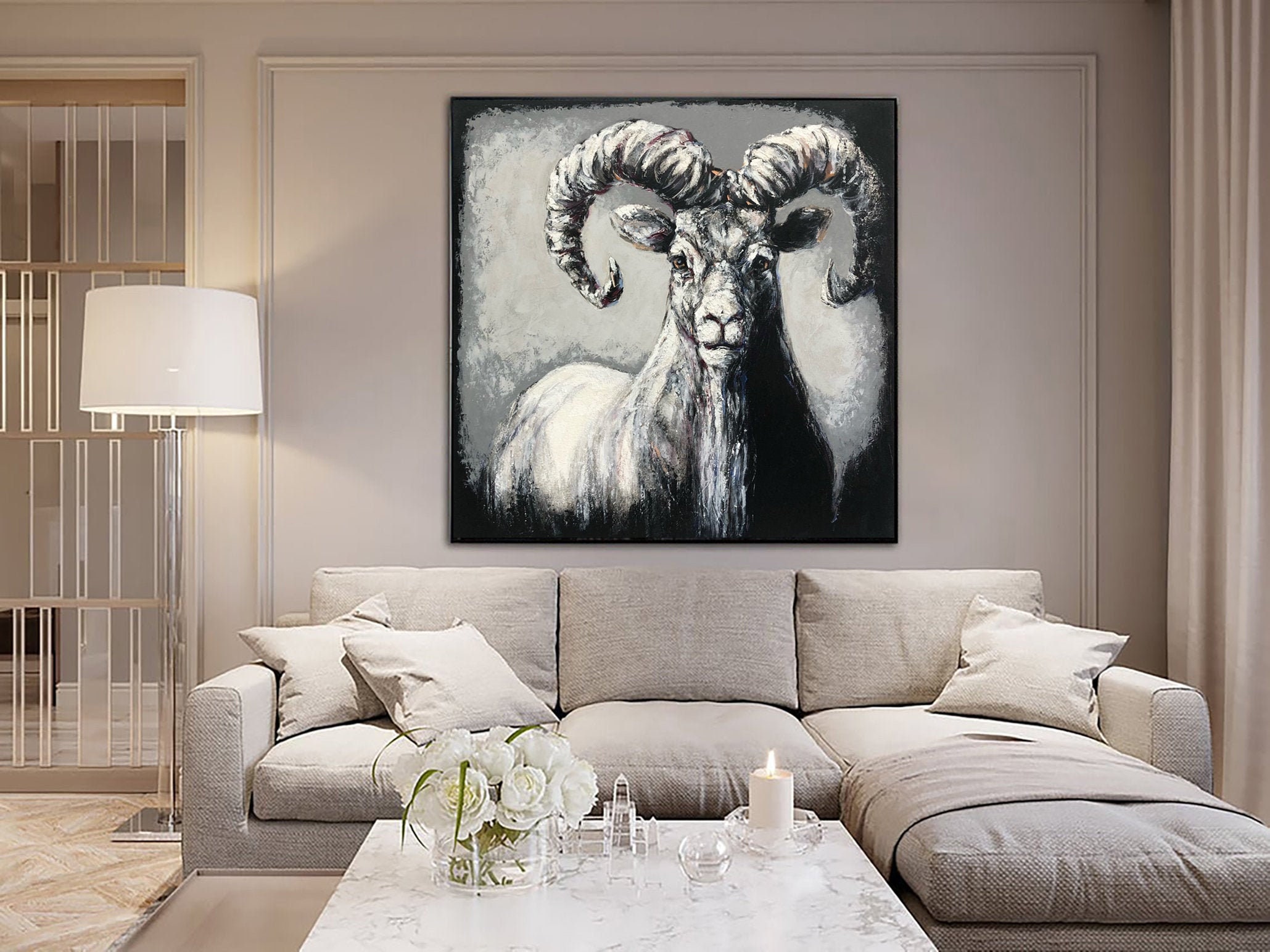 Abstract Animal Painting Canvas Wild Wall Art Goat Bighorn Sheep Black & White Artwork Grey Ram