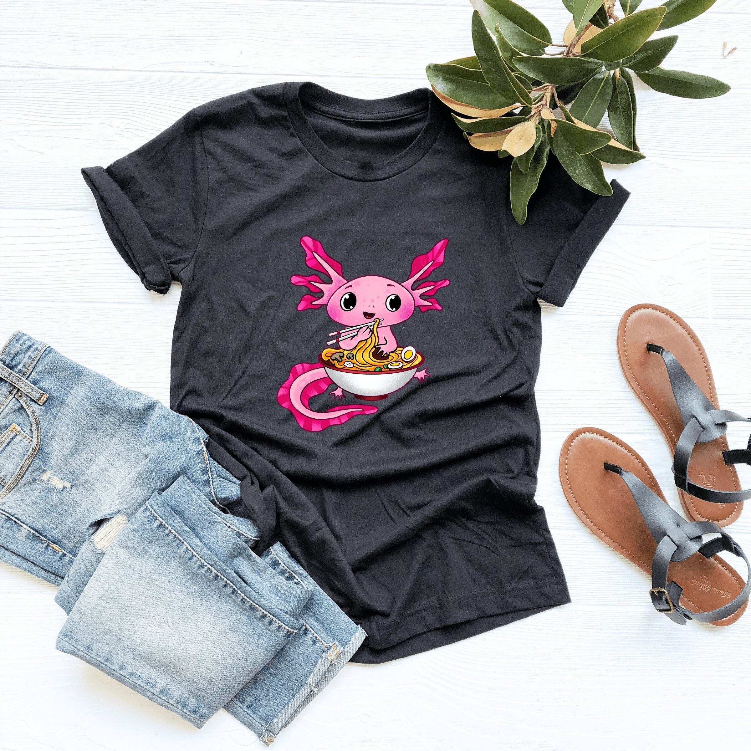 Cute Axolotl Eating Ramen Shirt, Lover Gift, V-Neck, Tank Top, Sweatshirt, Hoodie