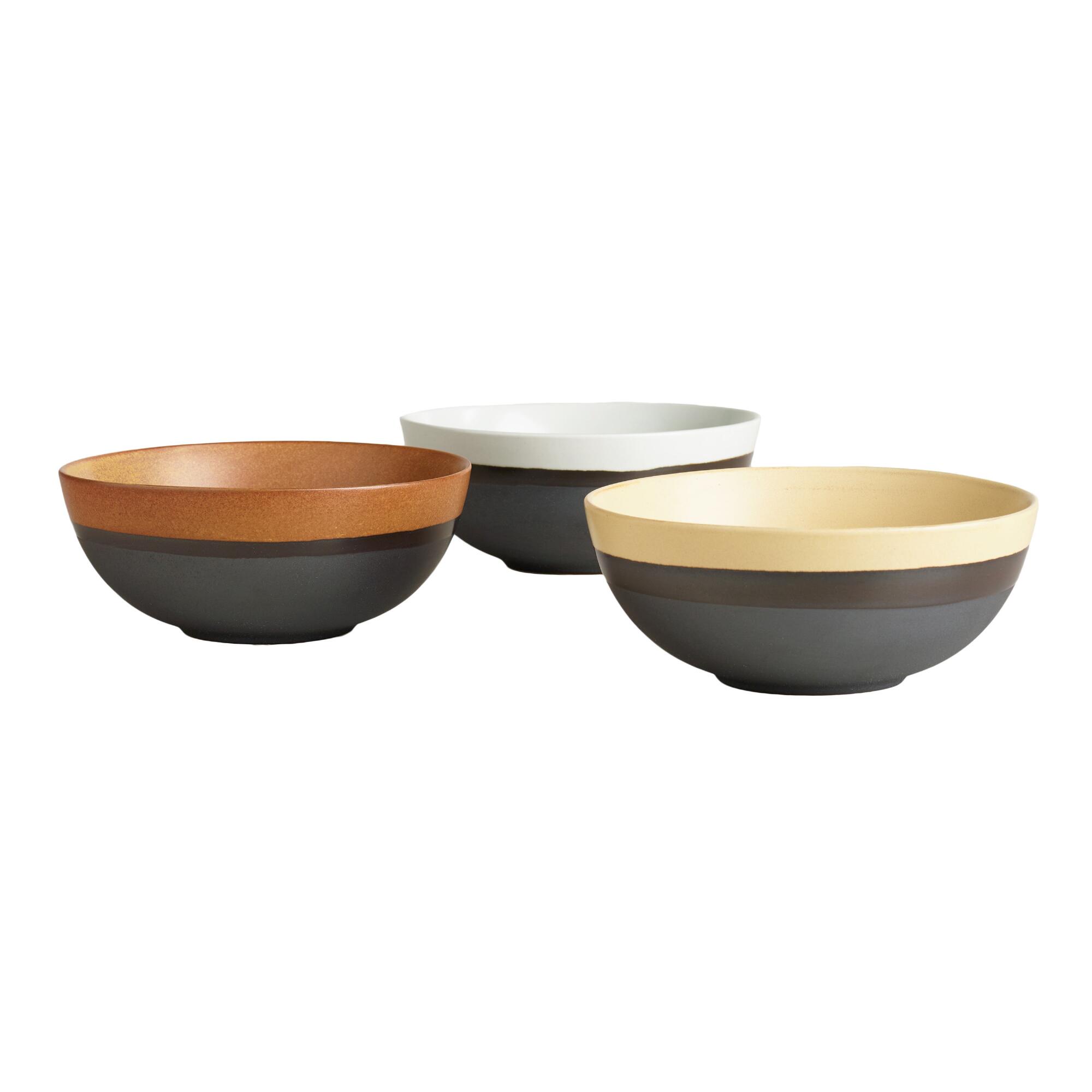 Fuji Rimmed Noodle Bowls Set Of 3: Gray/Multi - Stoneware by World Market