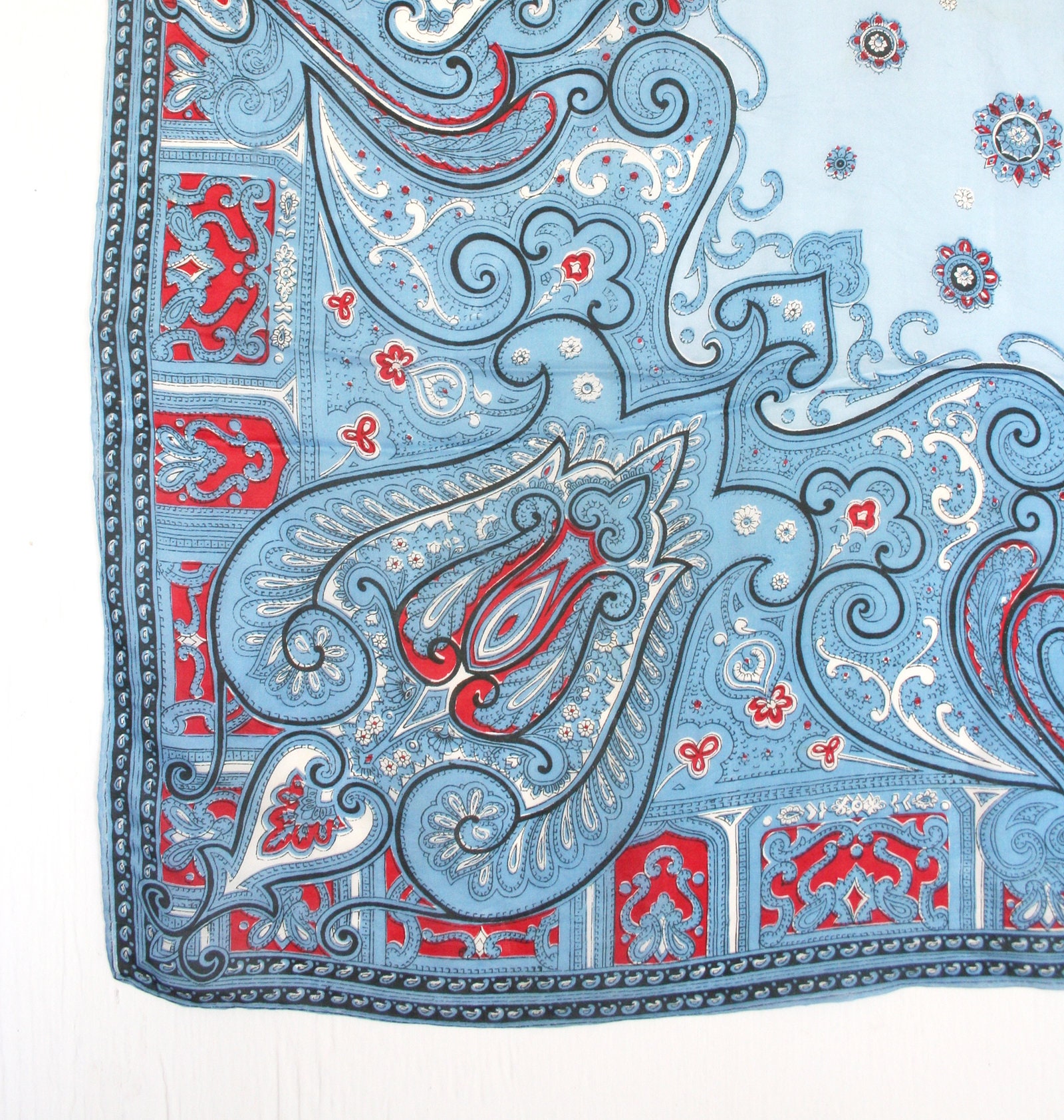 Boho Silk Blend Scarf From Japan. Paisley Print Scarf, Ornate Blue Red Black Traditional Pattern, Large