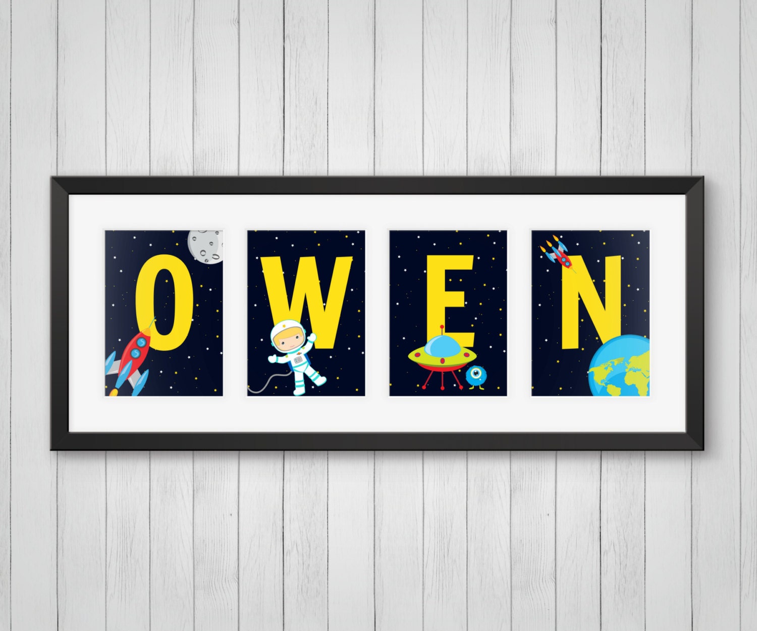Astronaut Print - Personalized Name Boy's Room Decor Nursery Outer Space Rocket 4x6, 5x7, 8x10
