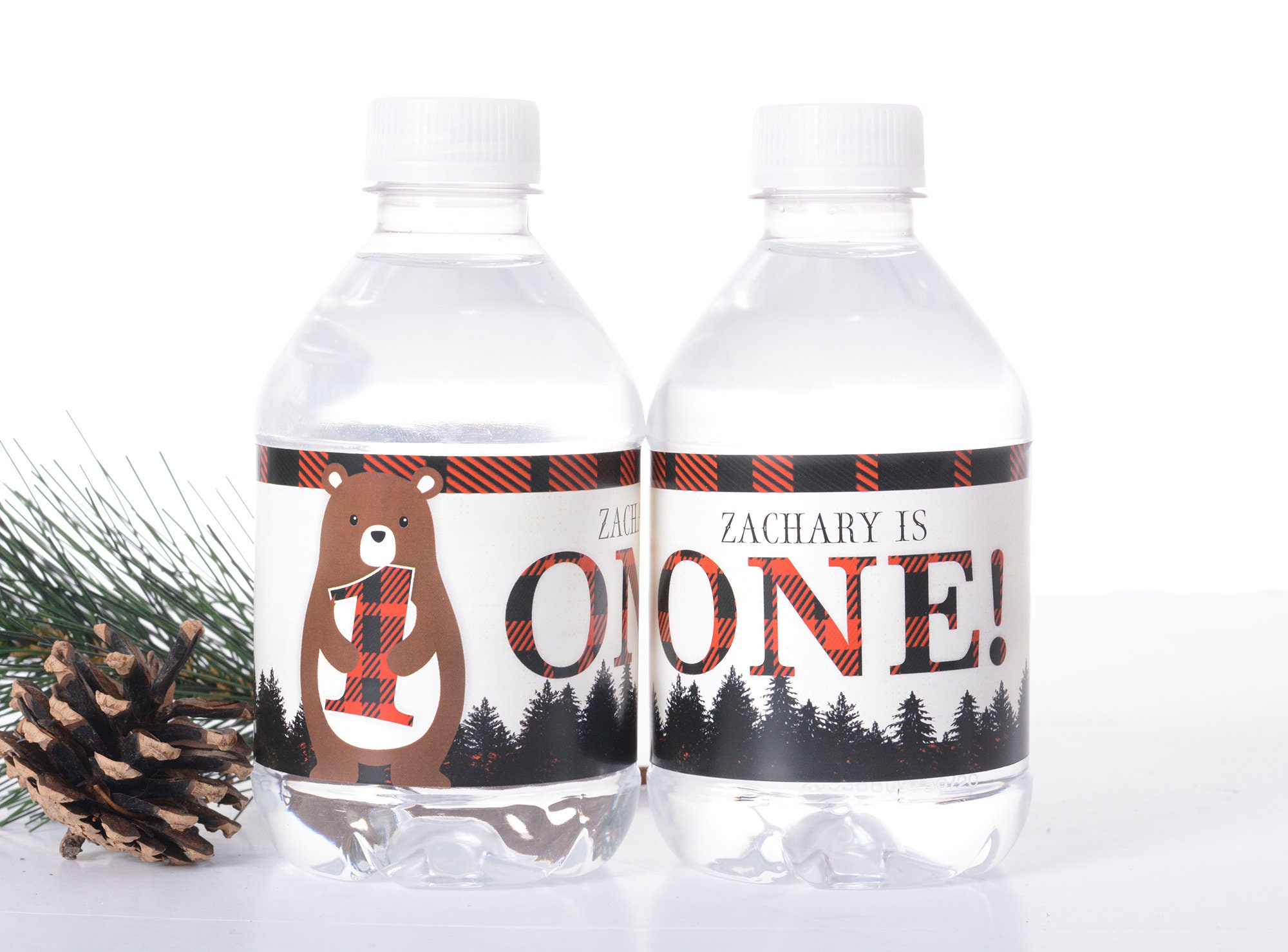Custom First Birthday Labels, Water Bottle, Bottled Woodland Theme Stickers, Bear Party, Lumberjack