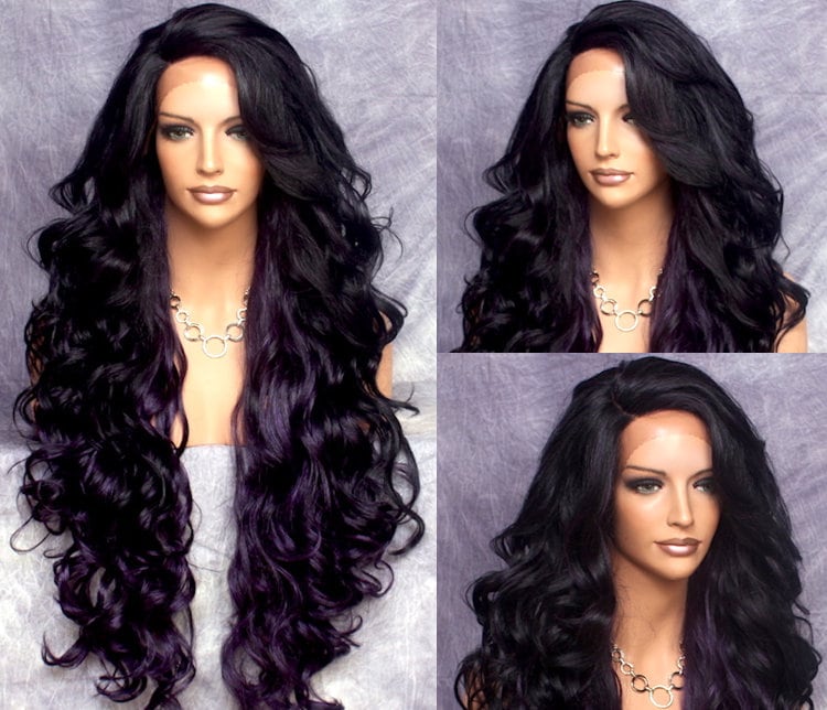 Extra Long Human Hair Blend Lace Front Wig 38 Curly Purple Black Heat Safe Cancer/Alopecia/Theater/Cosplay/Club