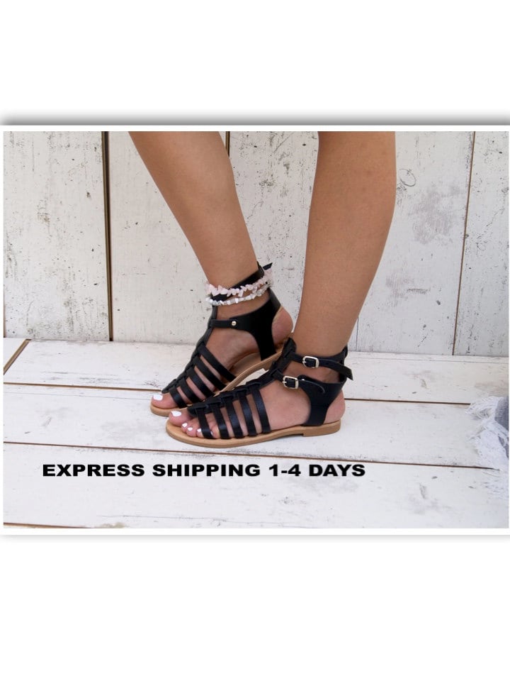 Ezerosy Black Gladiator Sandals, Strappy Sandals, Leather Sandals, Greek Strappy Women Sandals
