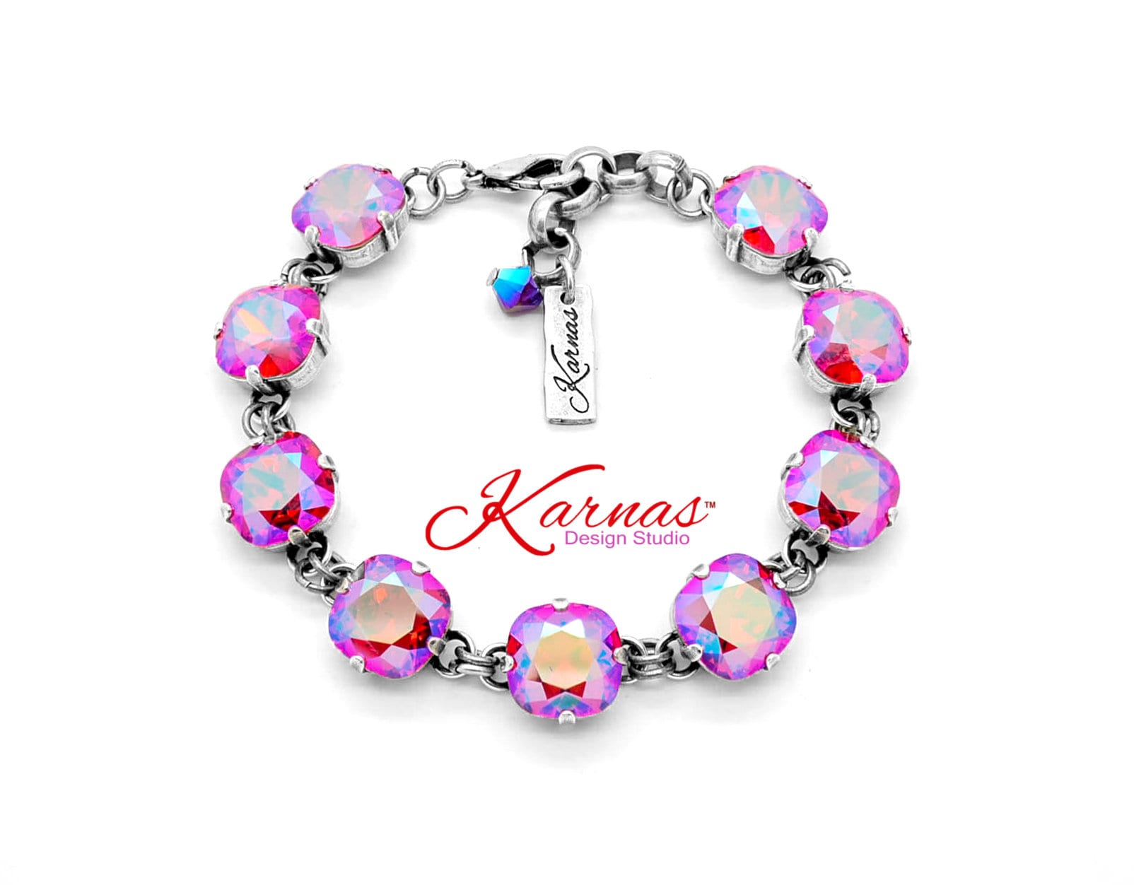 Light Siam Twinkle 12mm Cushion Cut Bracelet Made With Genuine Crystal Choose Your Finish Karnas Design Studio Free Shipping