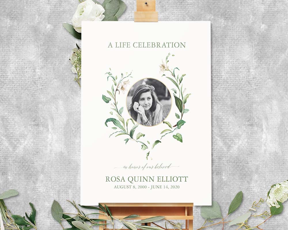 Welcome Sign Celebration Of Life, Funeral Sign, Greenery Photo Memorial Service Poster, Elegant Decor Print Or Diy