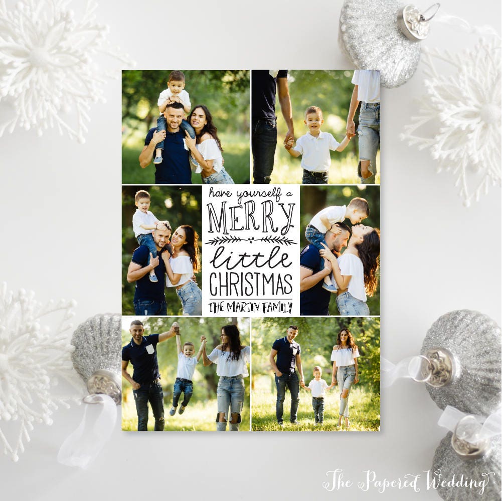 Printable Or Printed Photo Collage Christmas Cards - Black & White Have Yourself A Merry Little With Six Pictures 051 P4