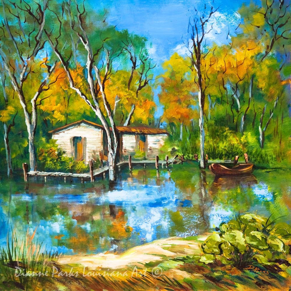 The Fishing Camp - Louisiana Swamp, Free Shipping Cabin With Boat, Pirogue On The Bayou, Art, Gift