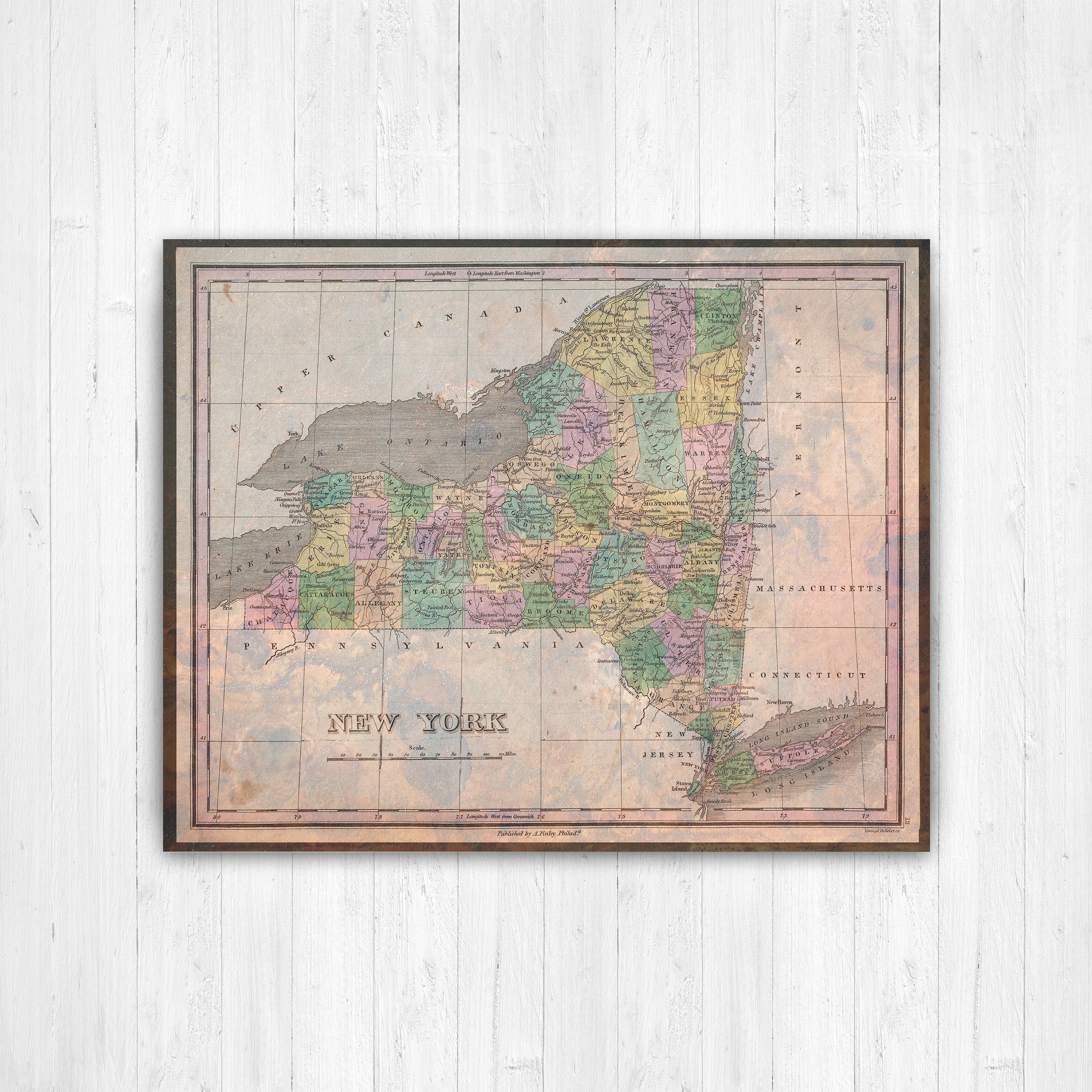 New York Antique Color State Map Print | Canvas Art Printed Marketplace