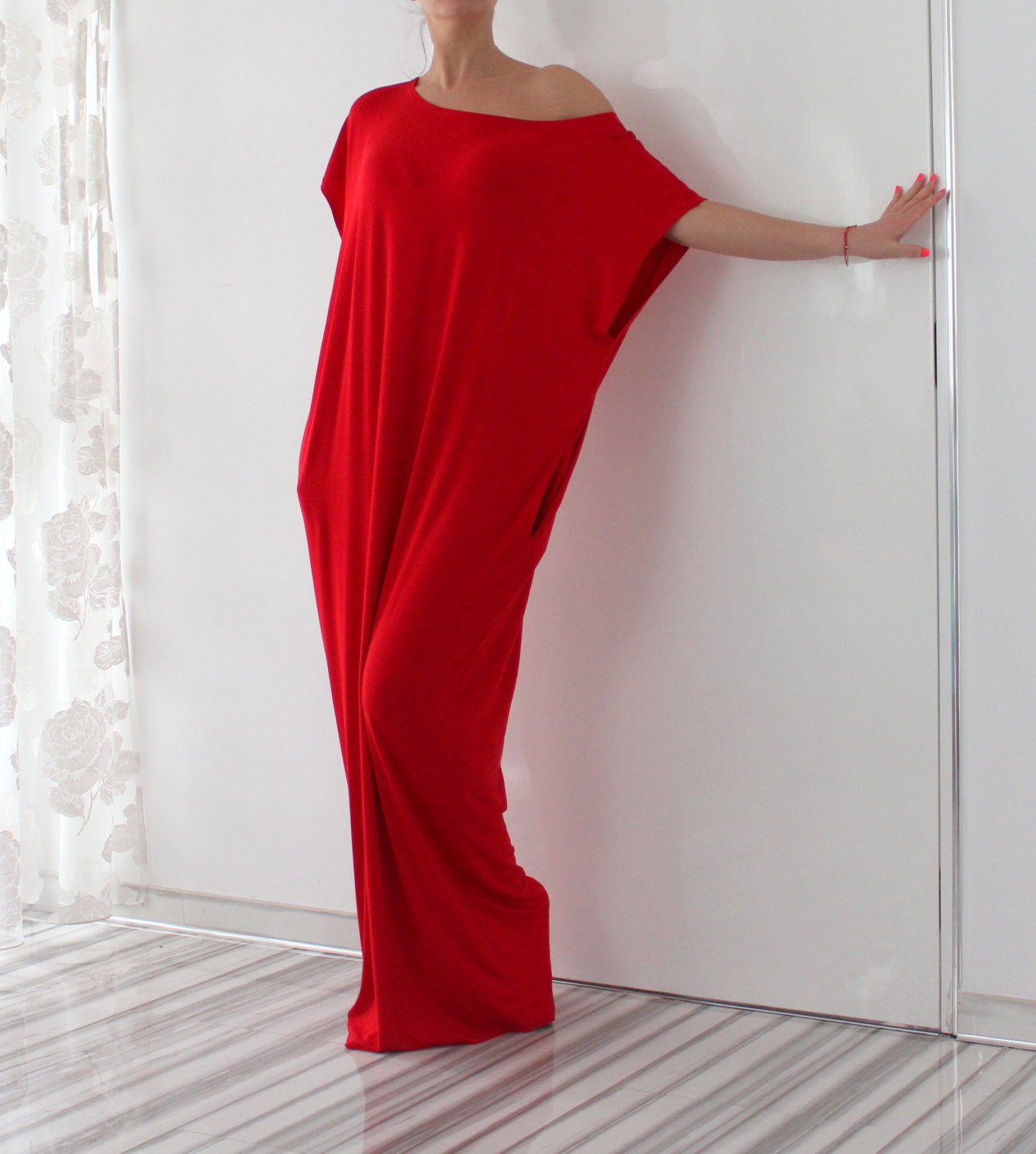 Red Valentine Dress, Maxi Beach Off Shoulder Plus Size Clothing, Cover Up, Kaftan Gift