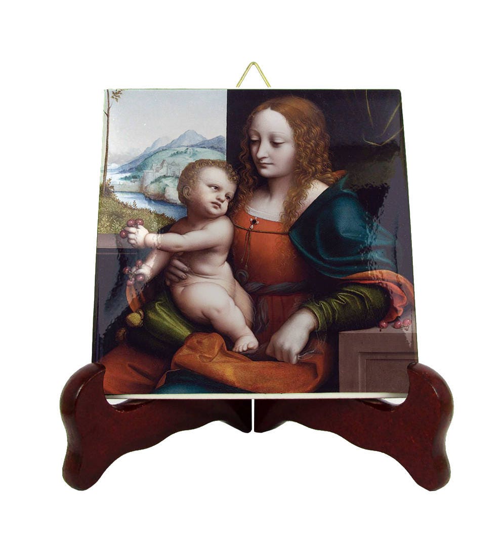 Catholic Artwork - Madonna Of The Cherries Virgin Mary Icon On Tile From A Painting By Giampietrino Catholic Church Religious Decor