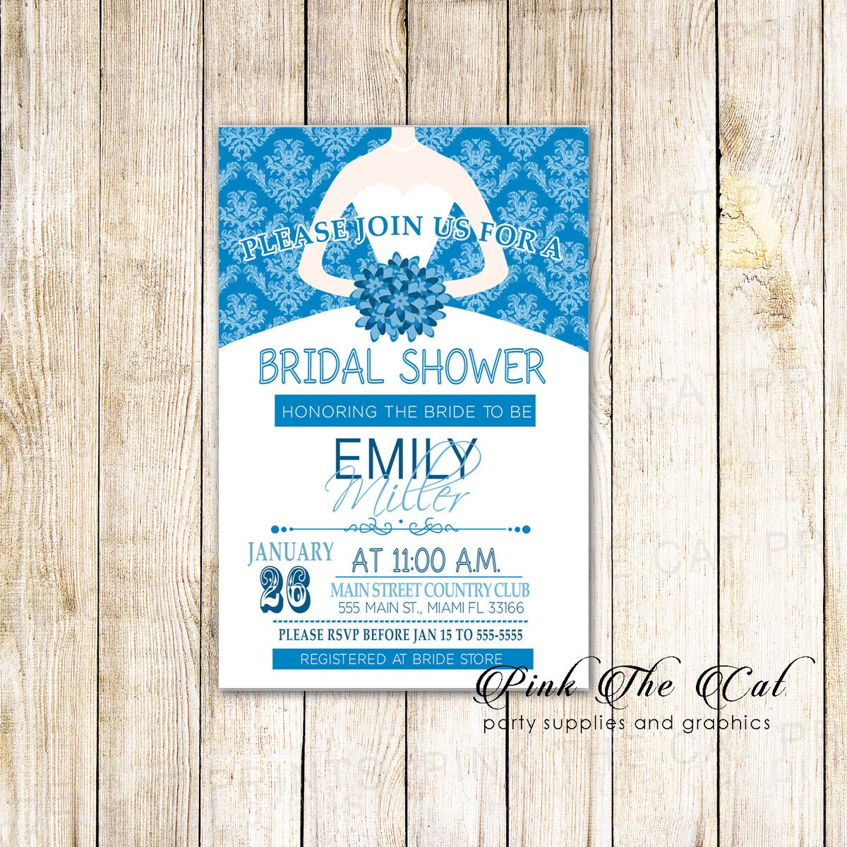 Damask Blue Bridal Shower Invitation - Printable Personalized Party Invite Vintage Birthday Sweet 16 Qinceanera