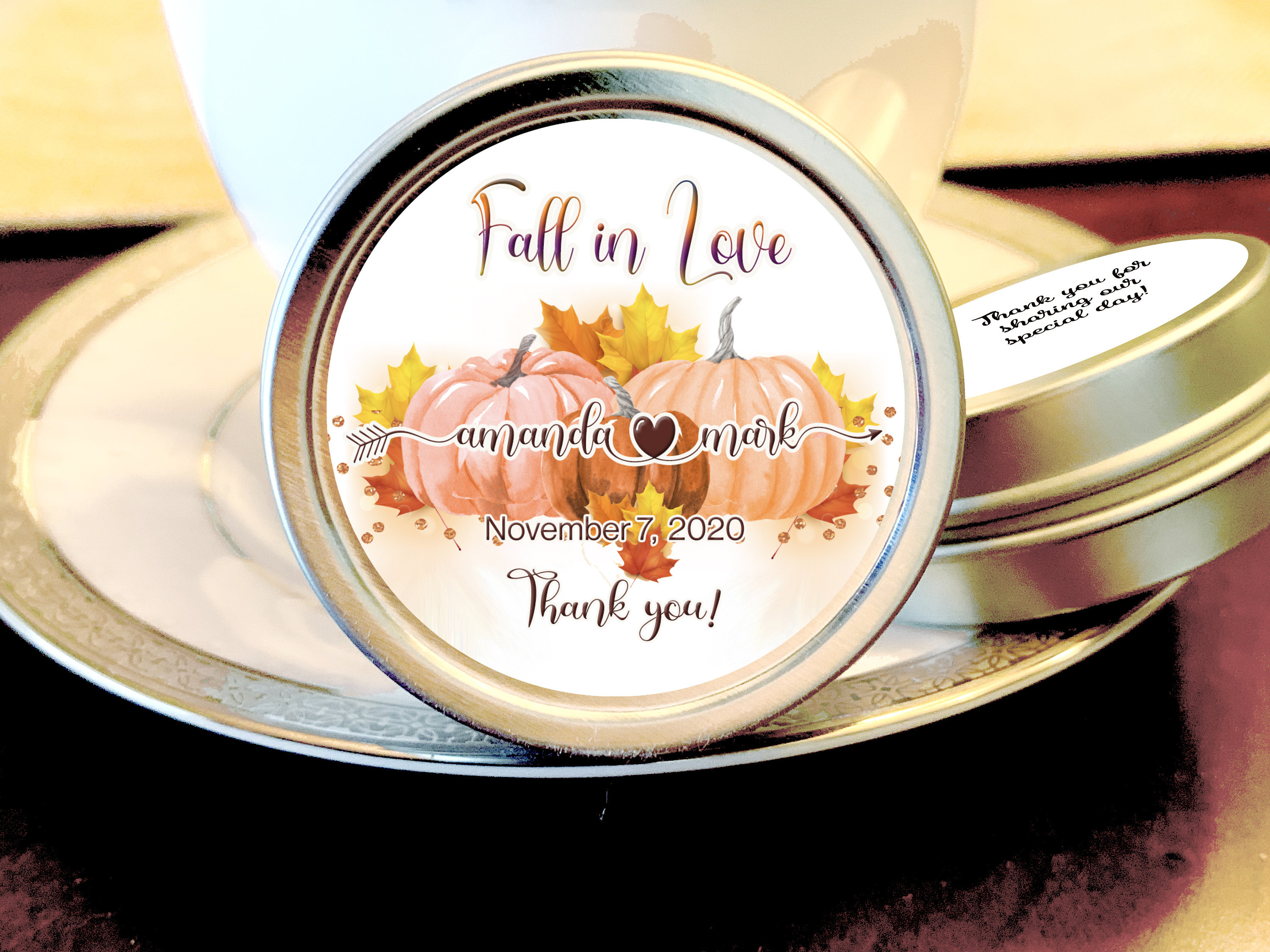 Fall in Love Themed Pumpkin Wedding Favors - Rustic Mint Tin Personalized Candy Party Favor