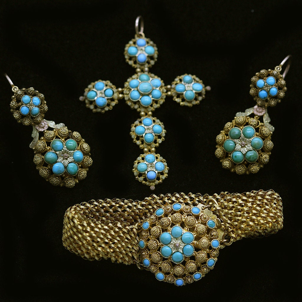 Antique Georgian Parure Gold Cannetille Turquoise Earrings Cross 5432