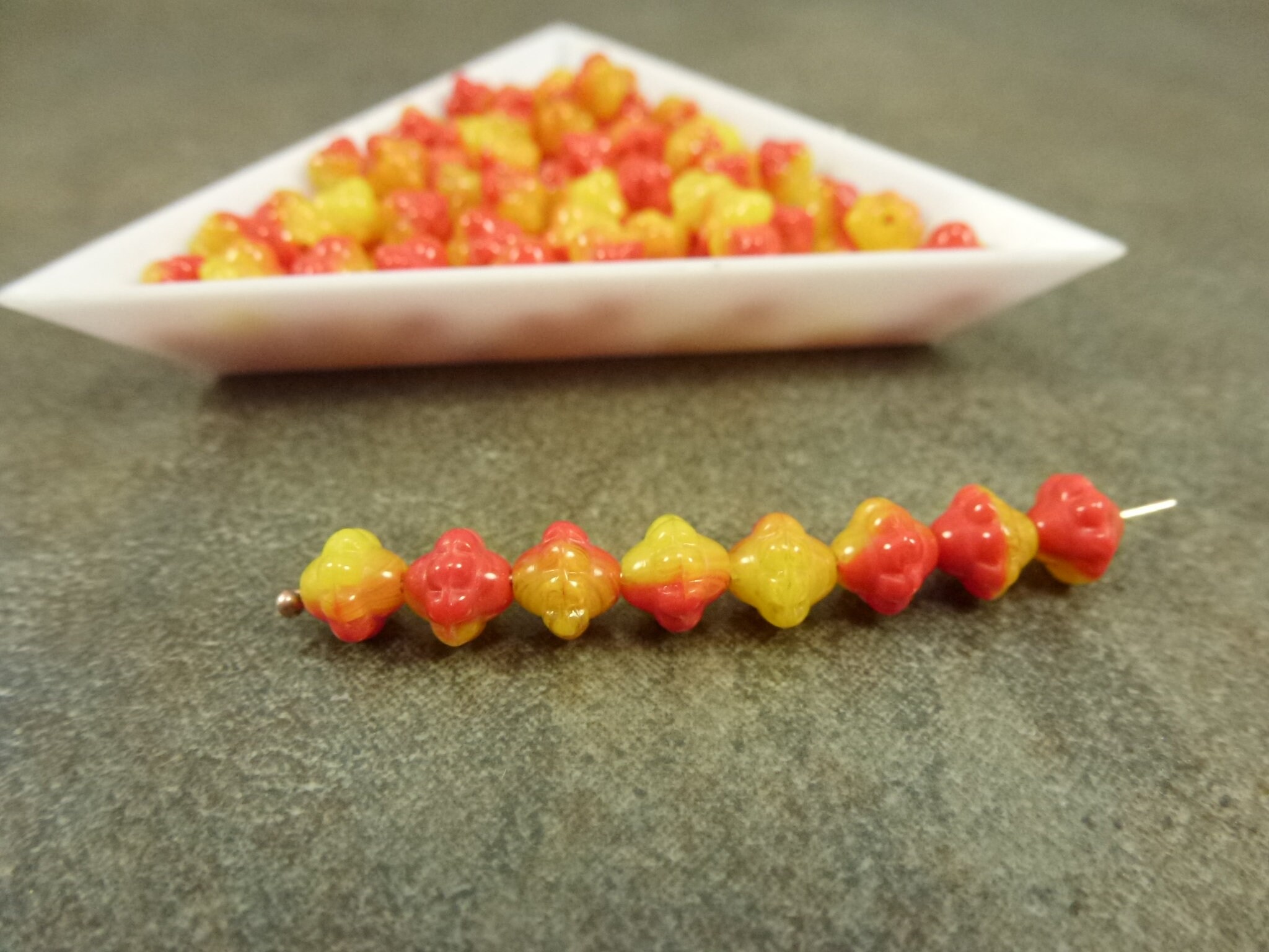 Red/Yellow Blend Czech Glass Turbine Beads 6mm 50Pc Etched Pressed Mulberry Saucer Rondelle