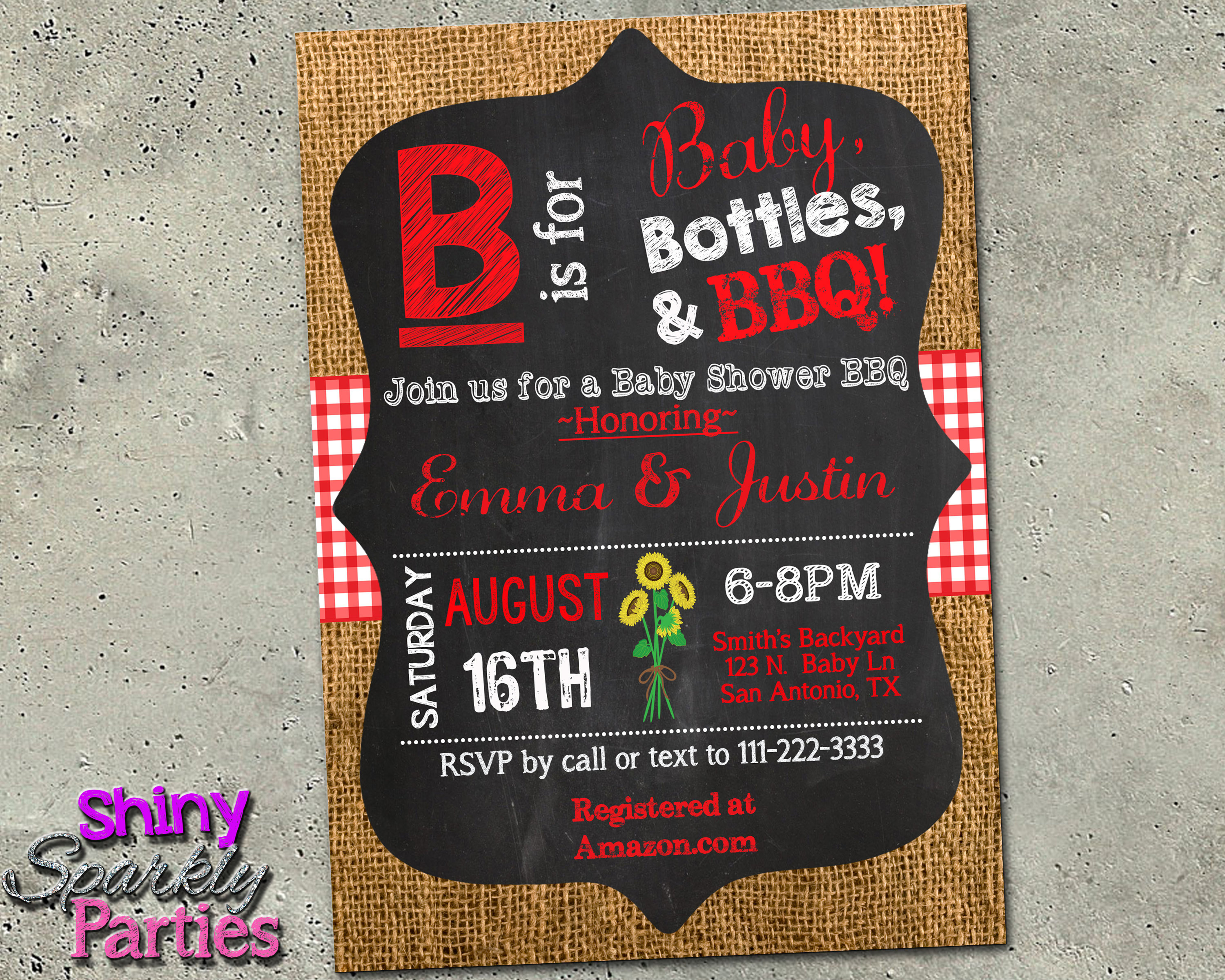 Babyq Shower Invitation, Bbq Baby Invite, B Is For Shower, Red Gingham & Burlap Baby-Q, Co-Ed, Barbecue Couples